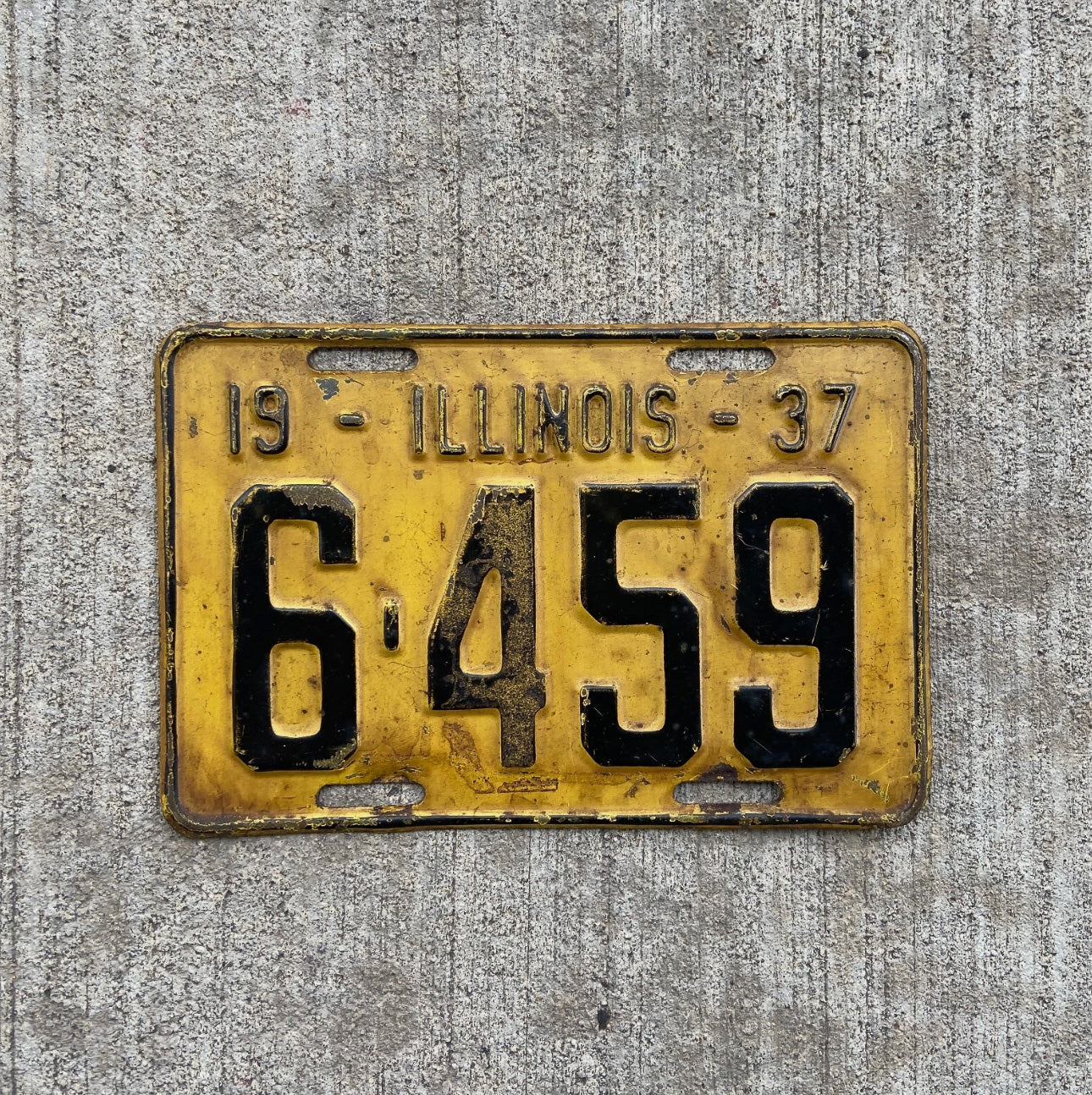 Photo of a 1937 Illinois License Plate Auto Tag Garage Decor Vintage Low Number Four Digit 6459 with original patina