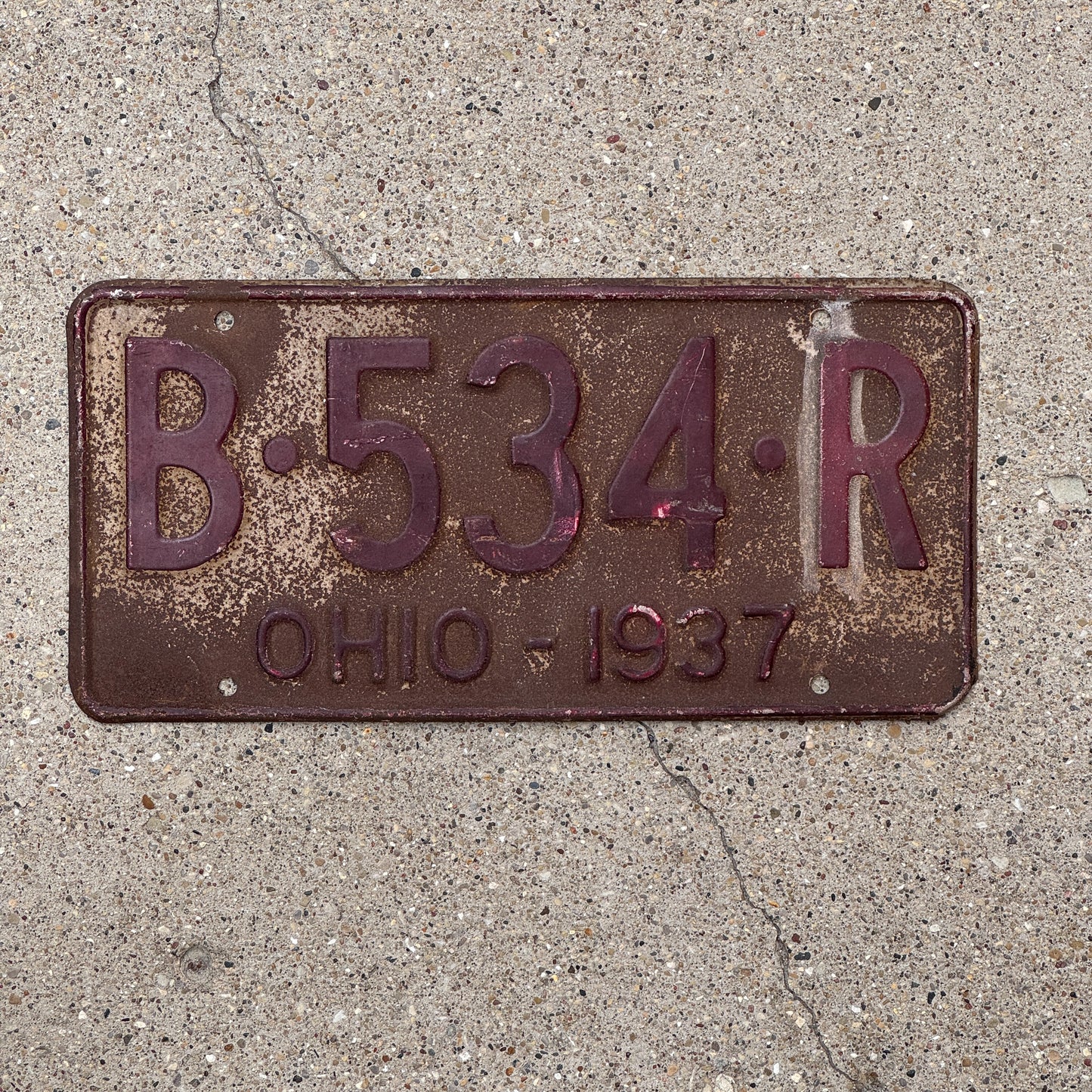 Photo of a 1937 Ohio License Plate Auto Tag 1 Vintage Garage B 534 R with original patina