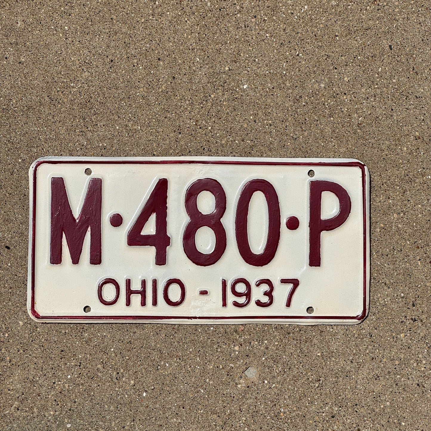 Photo of a 1937 Ohio License Plate Auto Tag Garage Decor Vintage M 480 P
