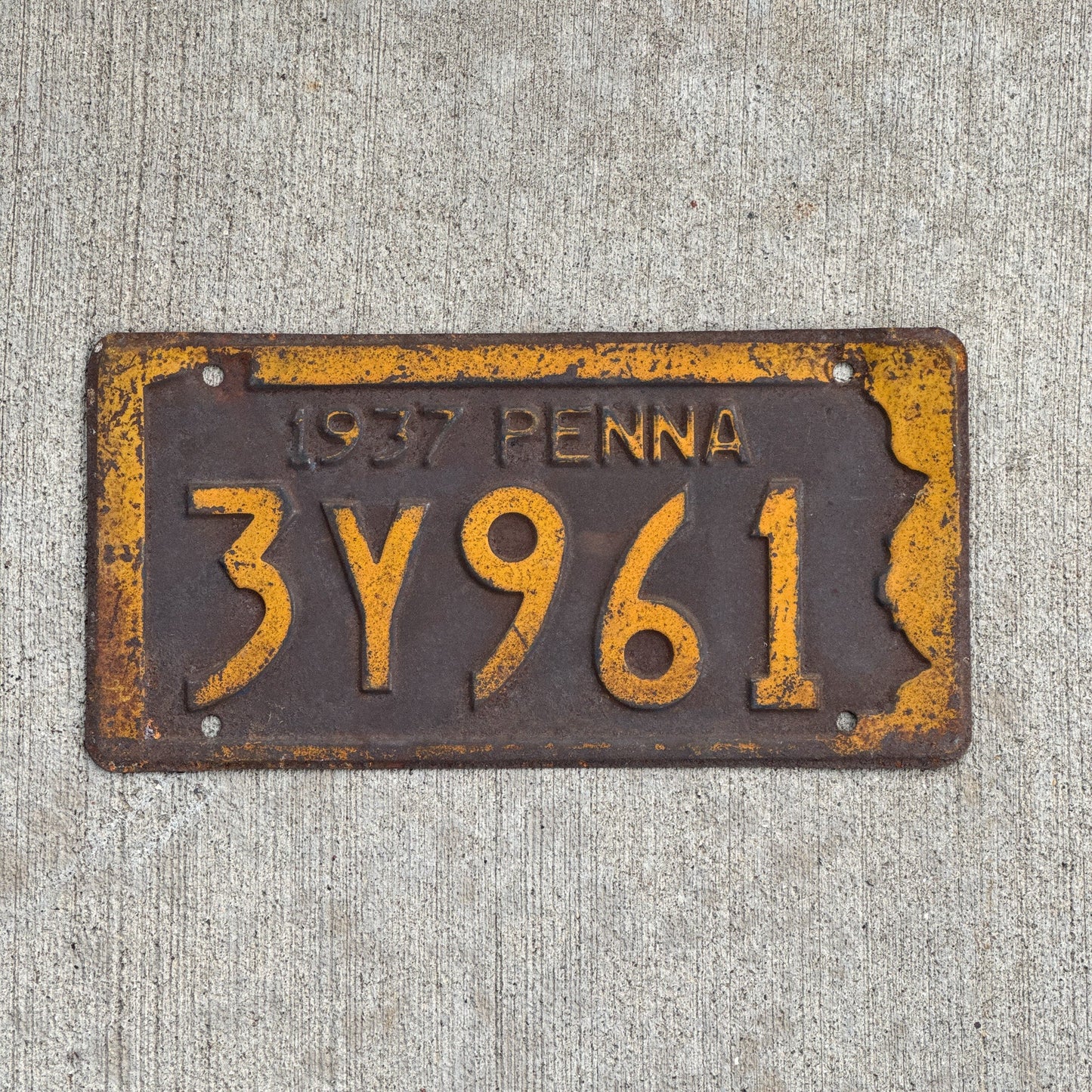 Photo of a 1937 Pennsylvania License Plate Auto Tag Garage Decor Vintage 3Y961 with original patina