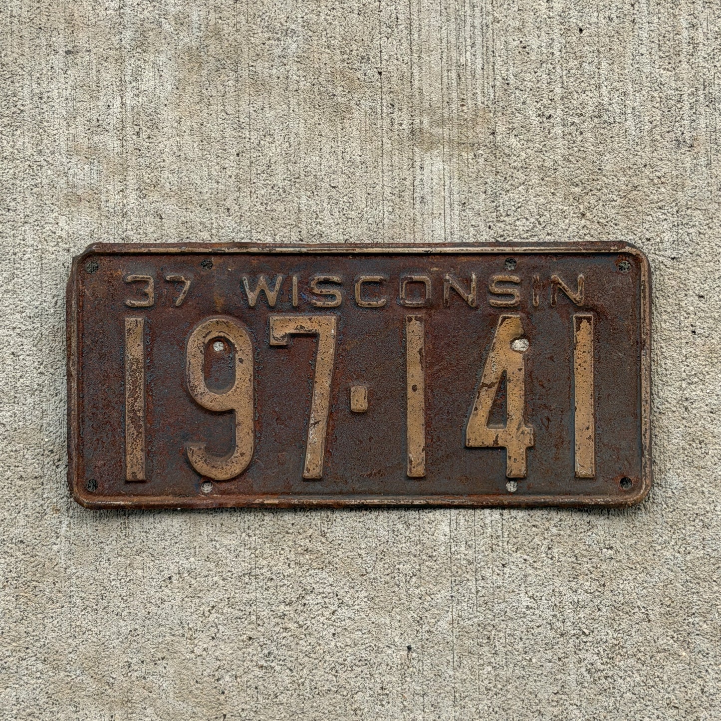 Photo of a 1937 Wisconsin License Plate Auto Tag Garage Decor Vintage 197 141 with original patina