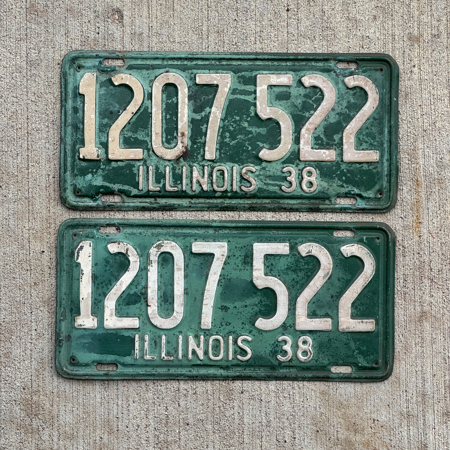 Photo of a 1938 Illinois License Plate Pair Auto Tag Garage Decor Vintage 1 207 522 with original patina