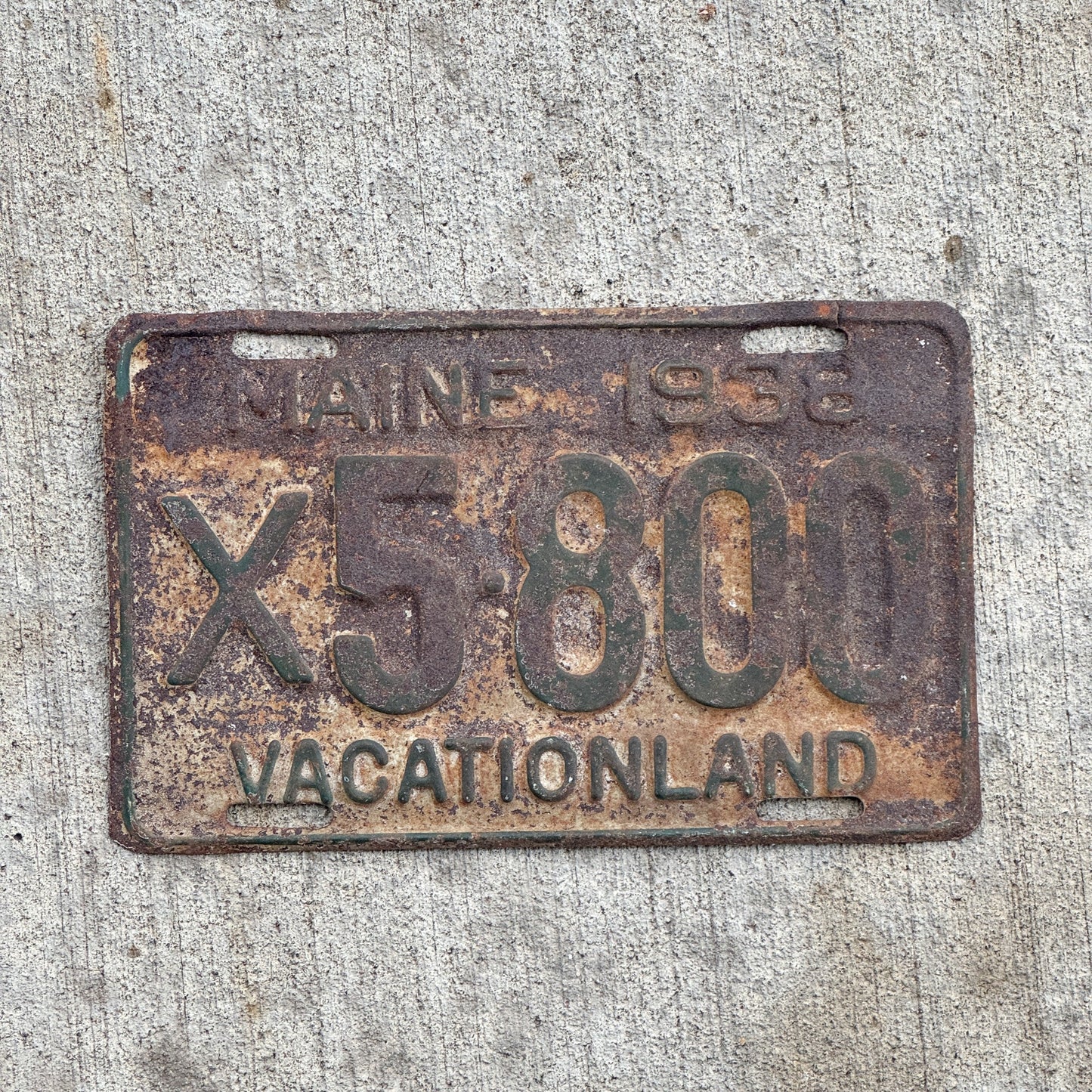 Photo of a 1938 Maine Commercial License Plate Auto Tag 2 Vintage Garage X 5800 with original patina