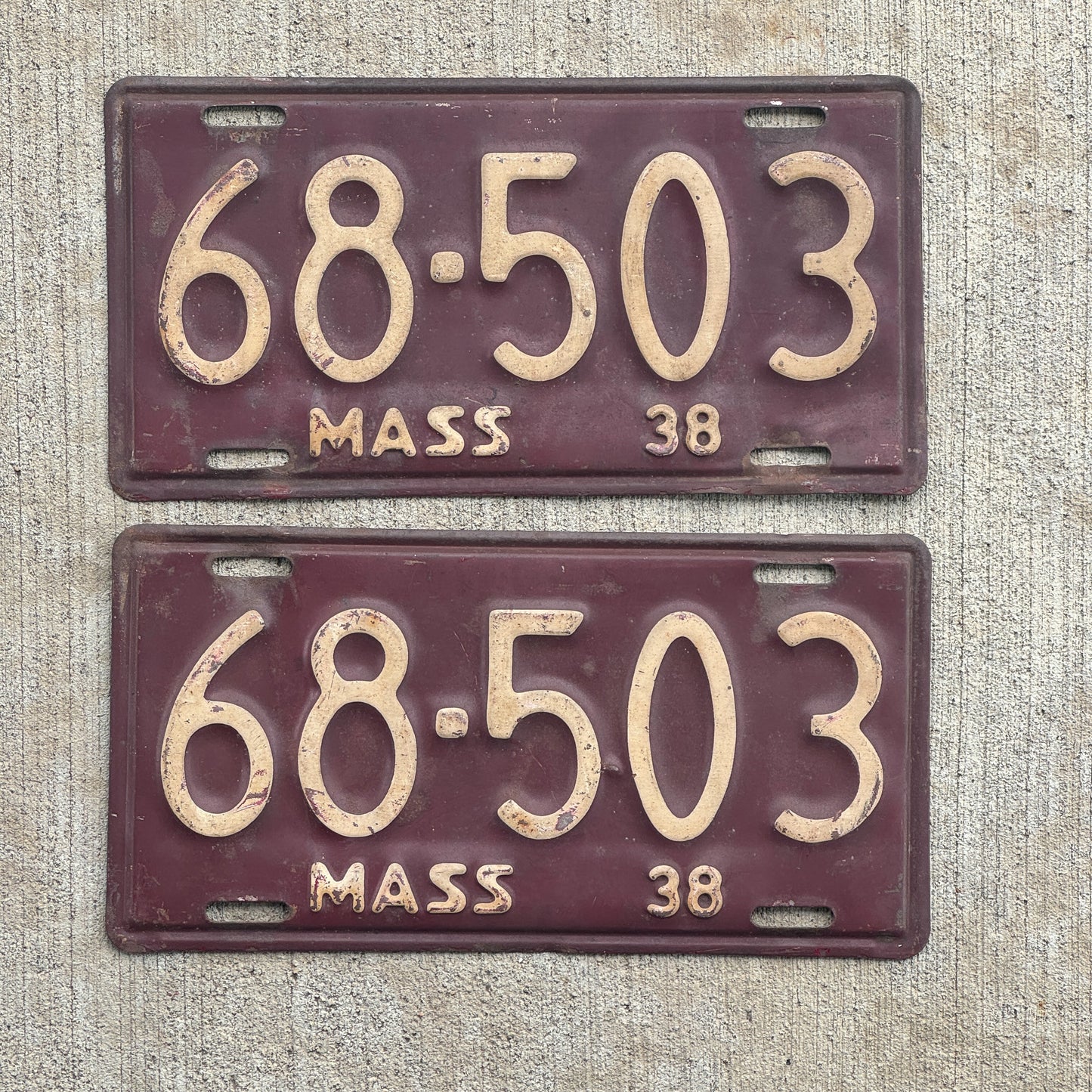 Photo of a 1938 Massachusetts License Plate Pair Auto Tag Garage Decor Vintage 68 503 with original patina