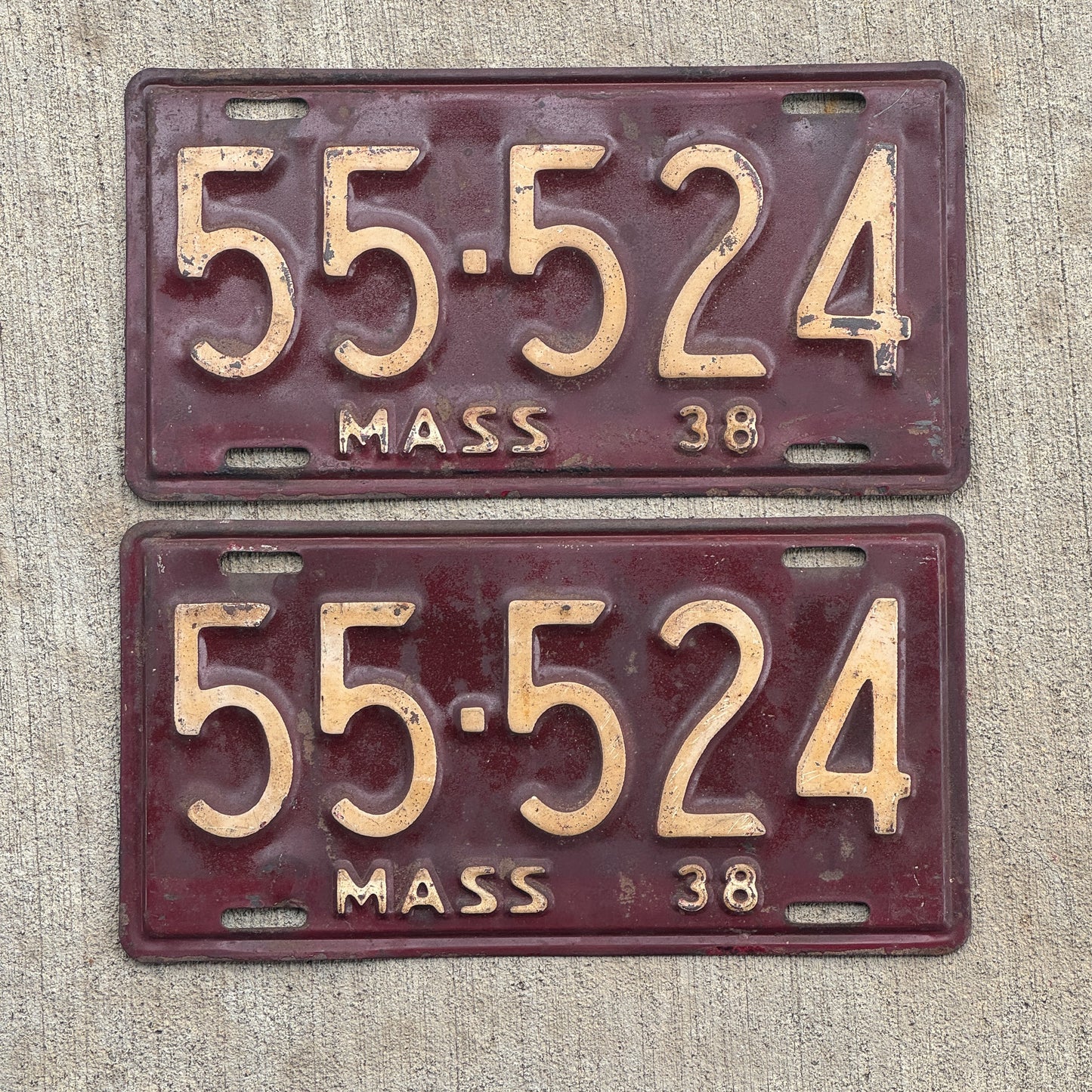 Photo of a 1938 Massachusetts License Plate Pair Auto Tag Garage Decor Vintage Repeat Repeating 55 524 with original patina