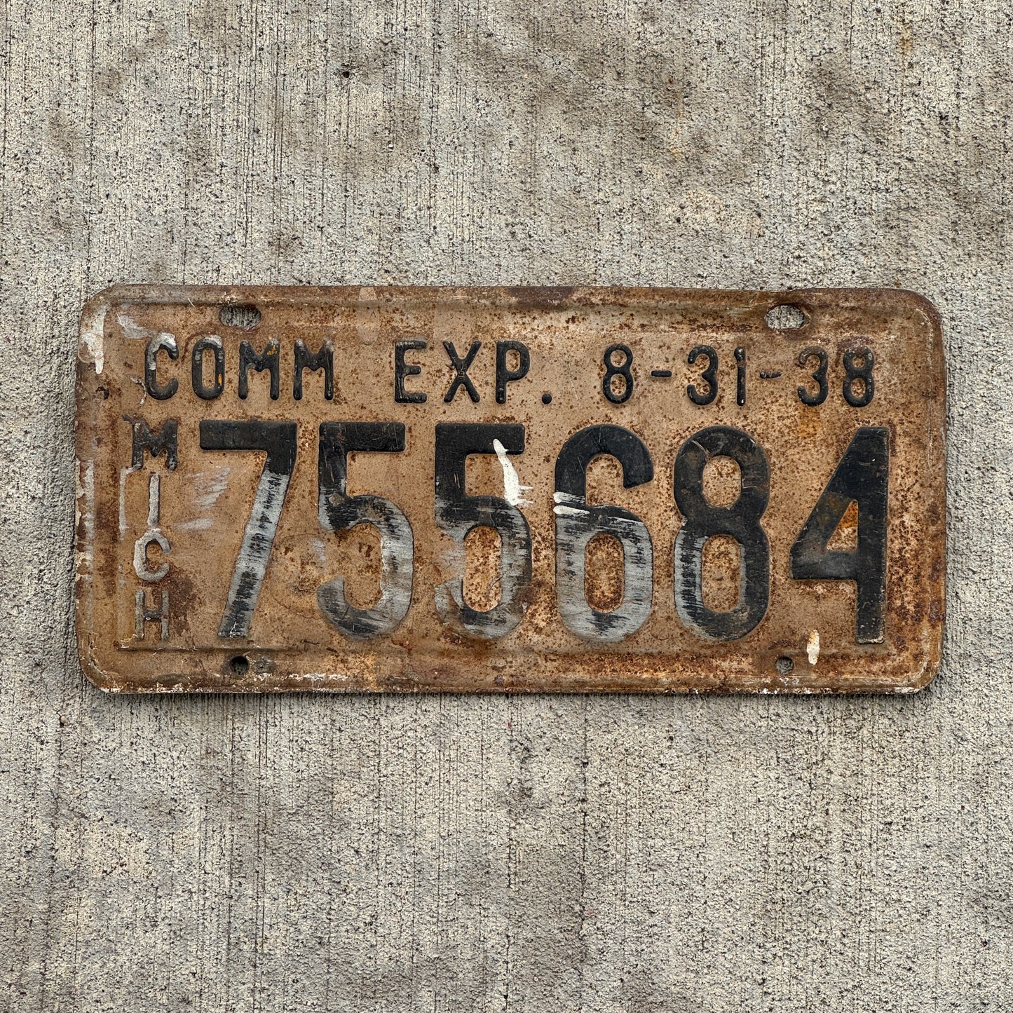 Photo of a 1938 Michigan Half Year Commercial License Plate Auto Tag Garage Decor Vintage 755684 with original patina