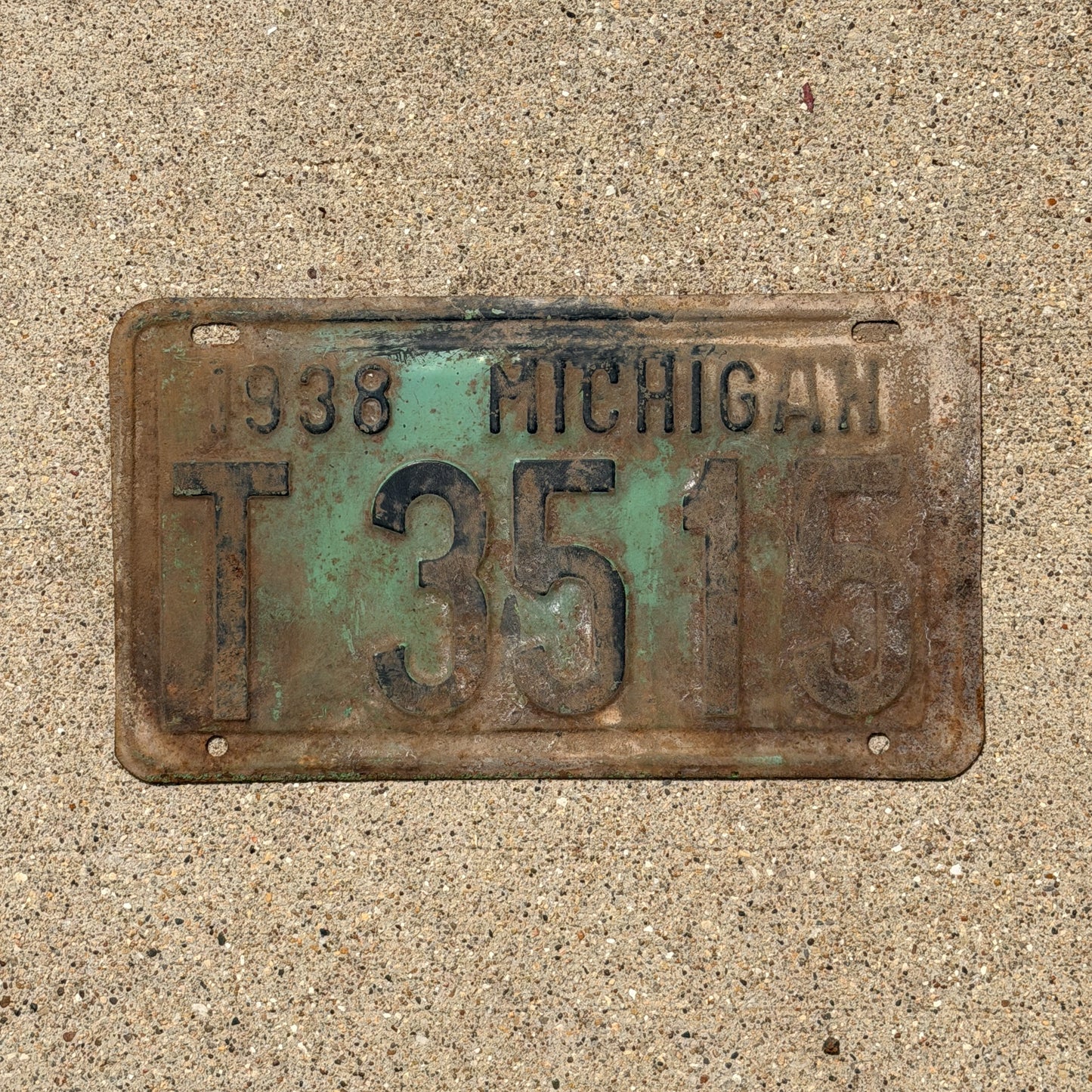 Photo of a 1938 Michigan License Plate Auto Tag Garage Decor Vintage T 3515 with original patina