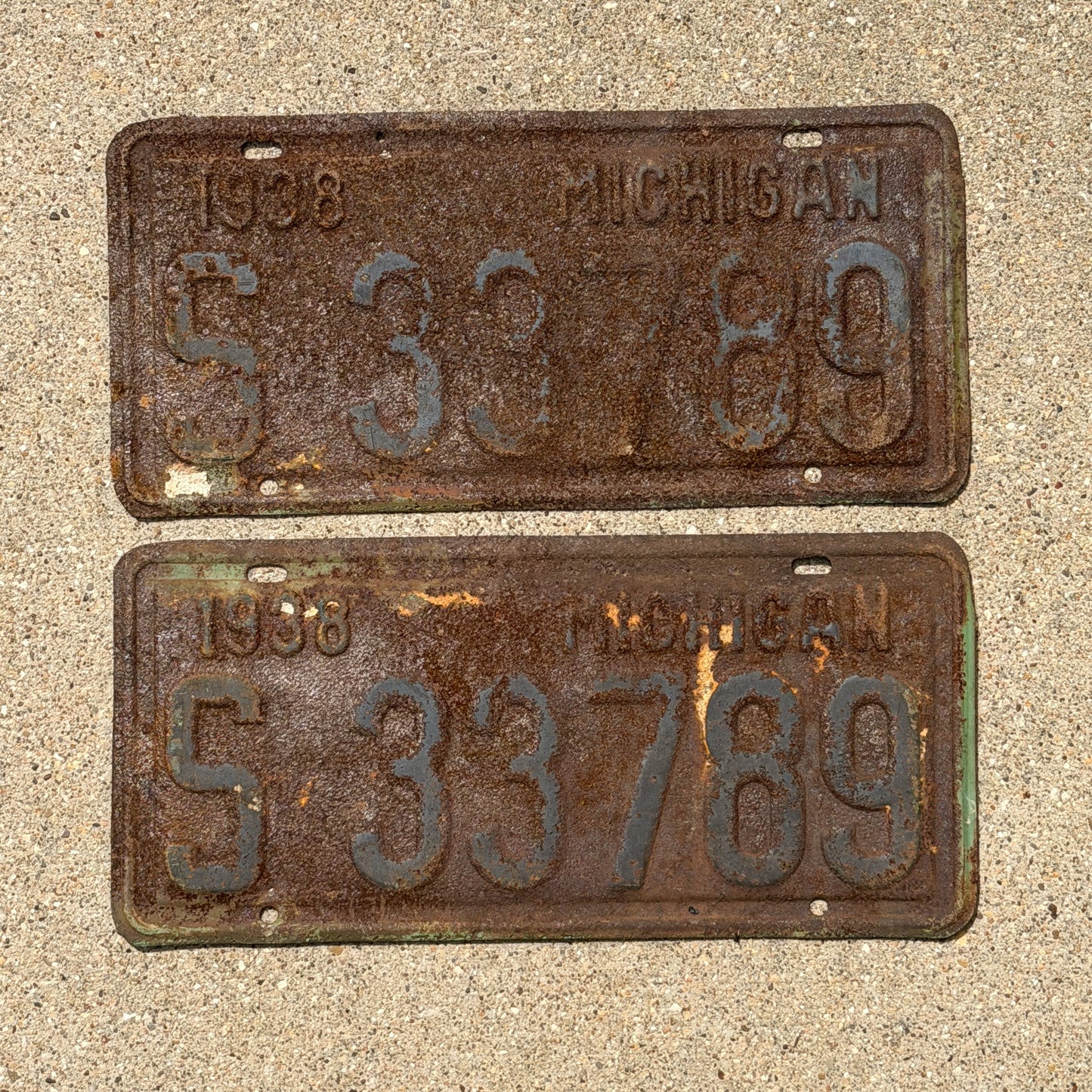 Photo of a 1938 Michigan License Plate Pair Auto Tag Garage Decor Vintage S 33789 with original patina
