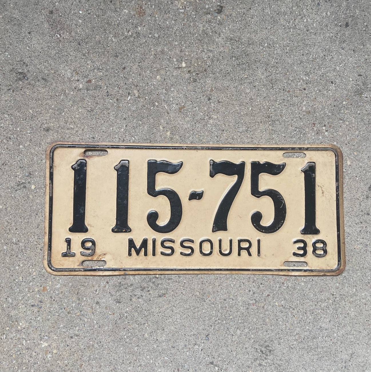 Photo of a 1938 Missouri License Plate Auto Tag Garage Decor Vintage 115 751 with original patina
