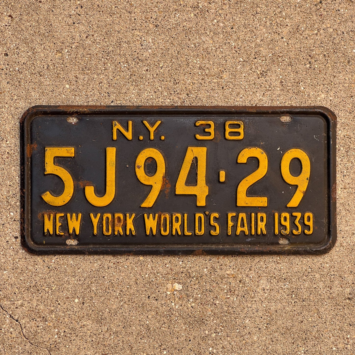 Photo of a 1938 New York License Plate Auto Tag Garage Decor Vintage World's Fair 5J 9429