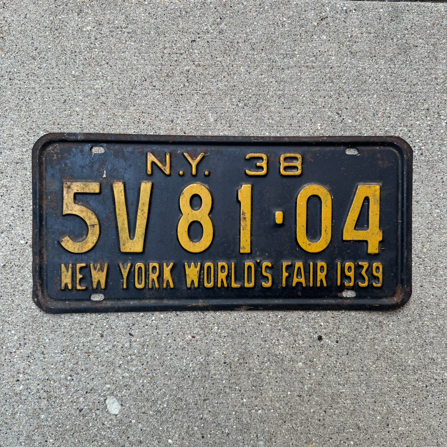 Photo of a 1938 New York License Plate Auto Tag Garage Decor Vintage World's Fair 5V 81 04 with original patina
