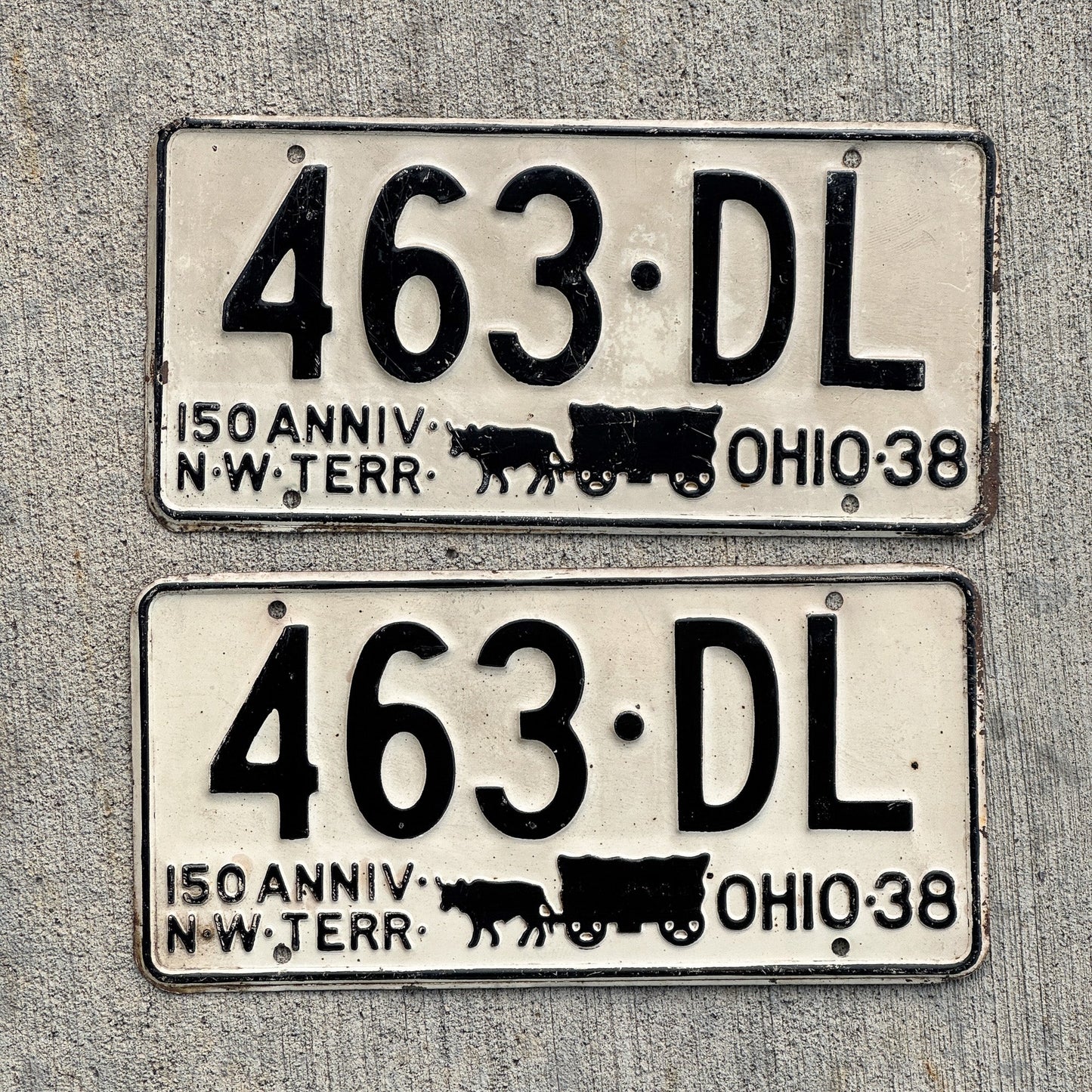 Photo of a 1938 Ohio License Plate Pair Auto Tag Garage Decor Vintage 463 DL with original patina