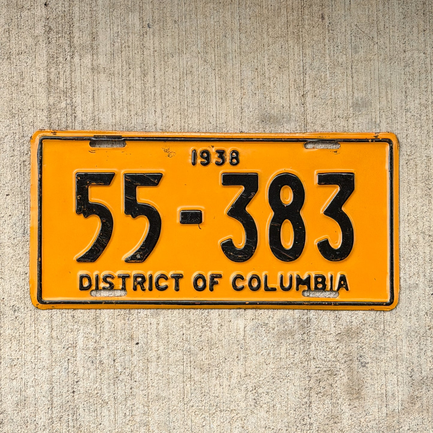 Photo of a 1938 Washington DC License Plate Auto Tag Garage Decor Vintage 55 383 with original patina