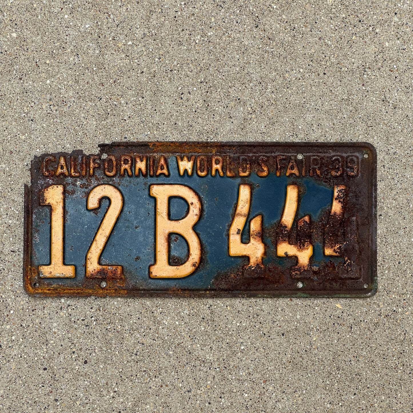 Photo of a 1939 California License Plate Auto Tag Garage Decor Vintage World's Fair Repeat Repeating 12 B 444
