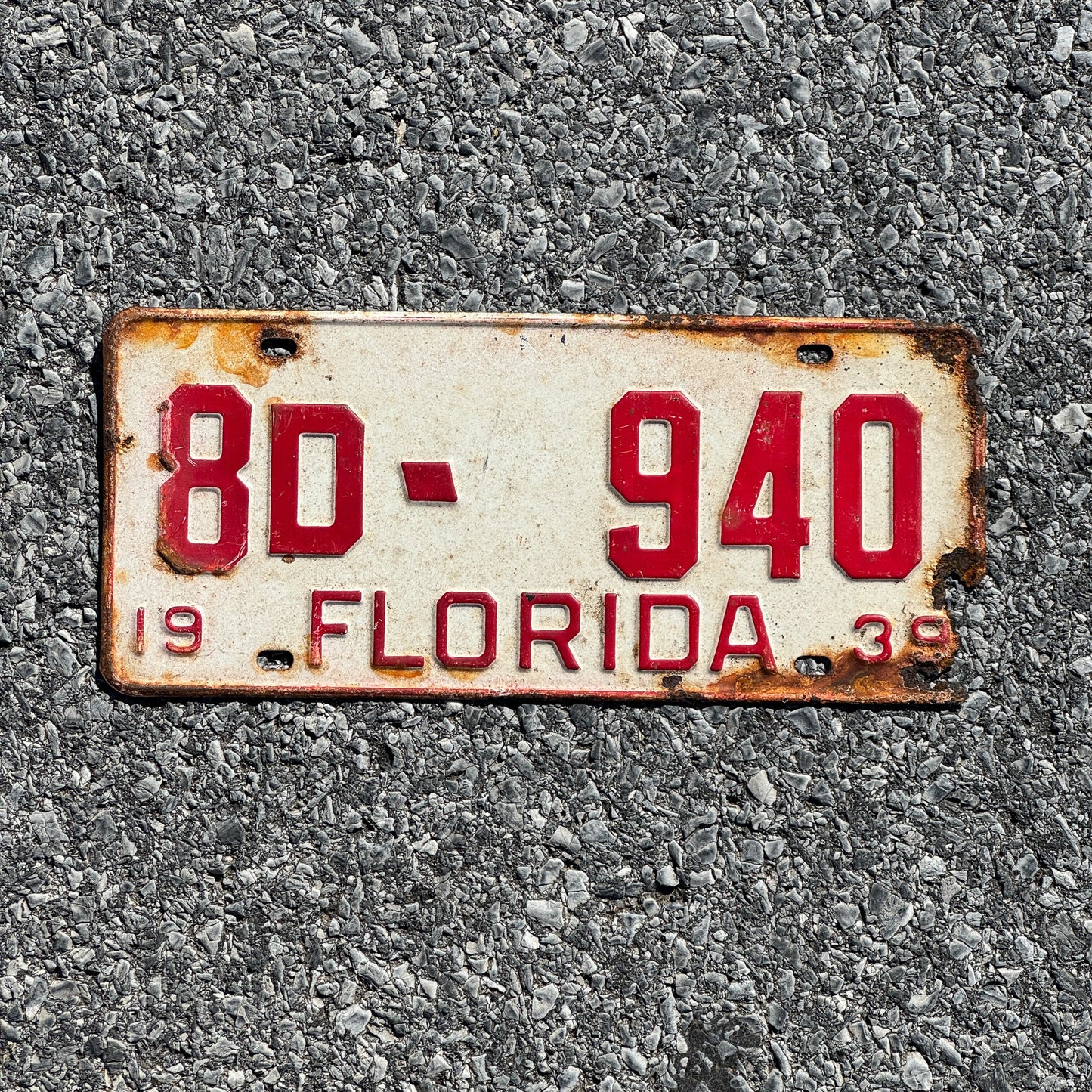 Photo of a 1939 Florida License Plate Auto Tag Garage Decor Vintage 8D 940