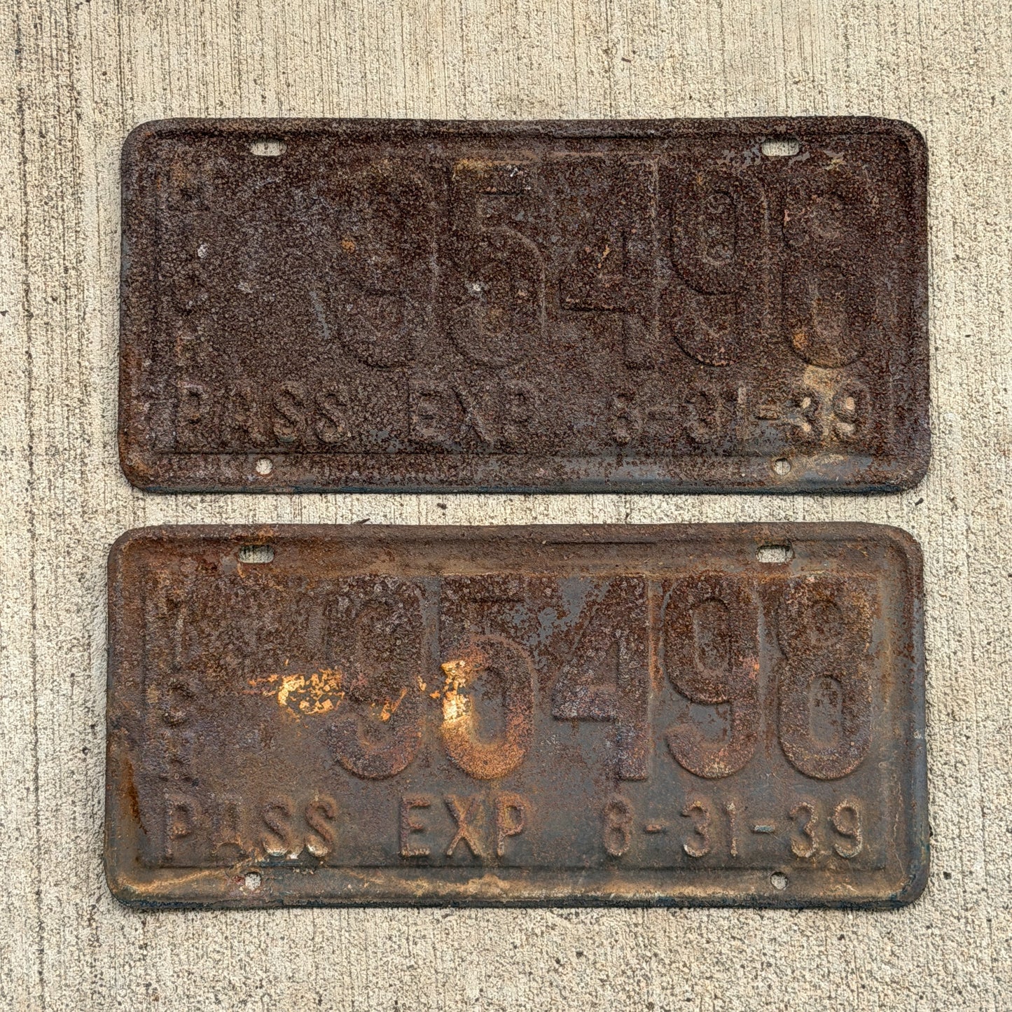 Photo of a 1939 Michigan License Plate Pair Auto Tag Garage Decor Vintage Half Year 95498 with original patina