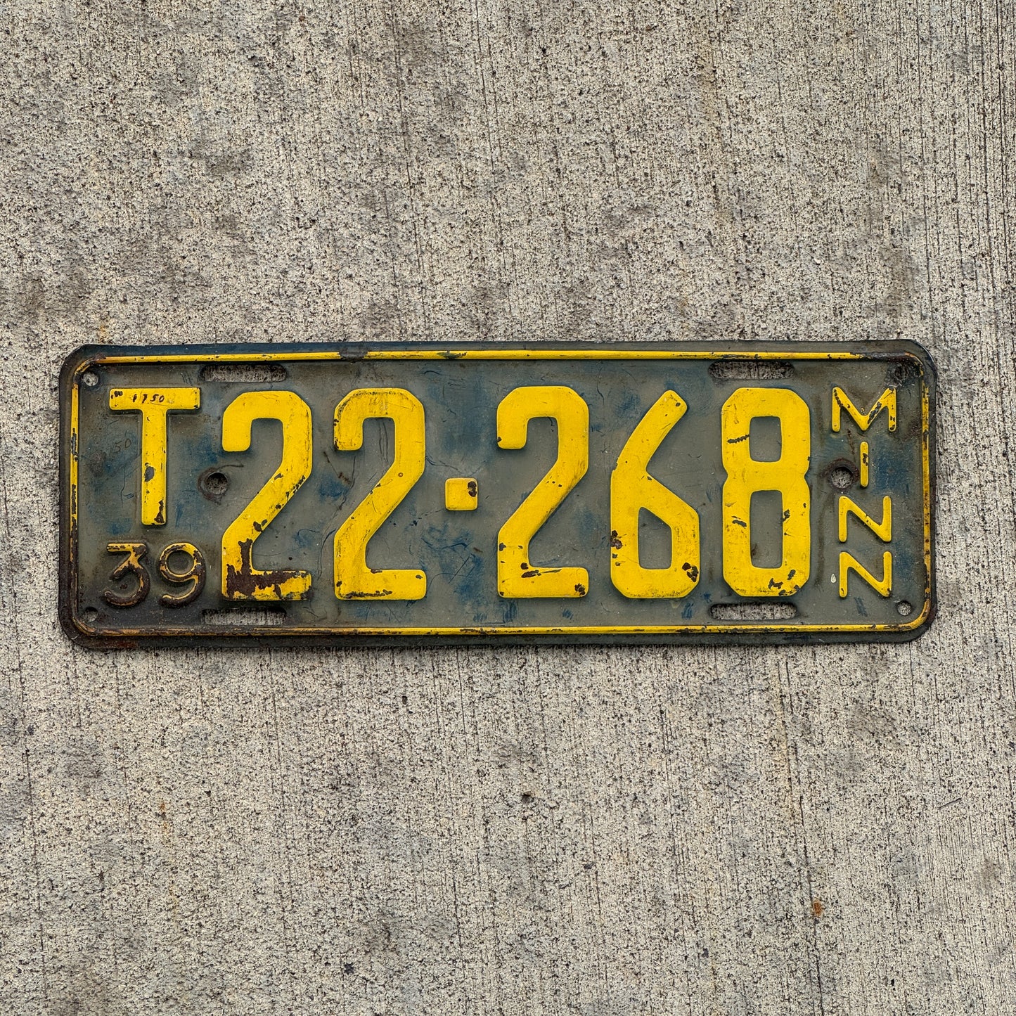 Photo of a 1939 Minnesota Farm Truck License Plate Auto Tag Garage Decor Vintage Repeat Repeating T 22 268 with original patina
