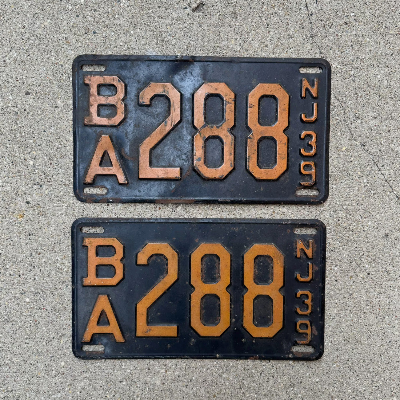 Photo of a 1939 New Jersey License Plate Pair Auto Tag Garage Decor Vintage YOM Ford Chevy Dodge BA 288
