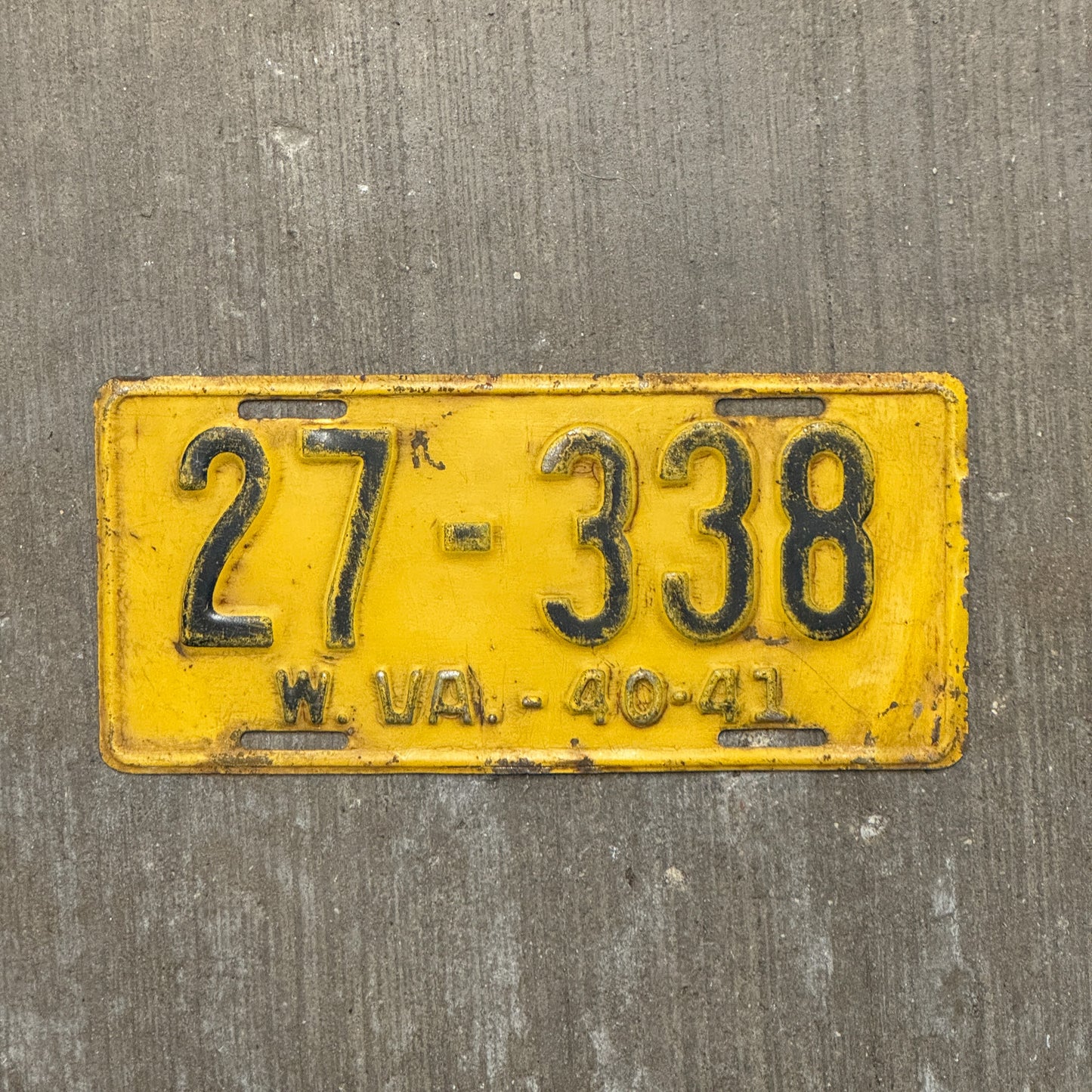 Photo of a 1940 1941 West Virginia License Plate Auto Tag Garage Decor Vintage 27 338 with original patina