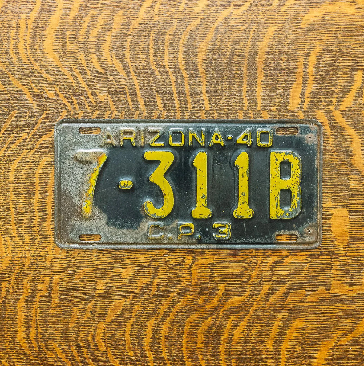 Photo of a 1940 Arizona Commercial License Plate Auto Tag Garage Decor Vintage 7 311B with original patina