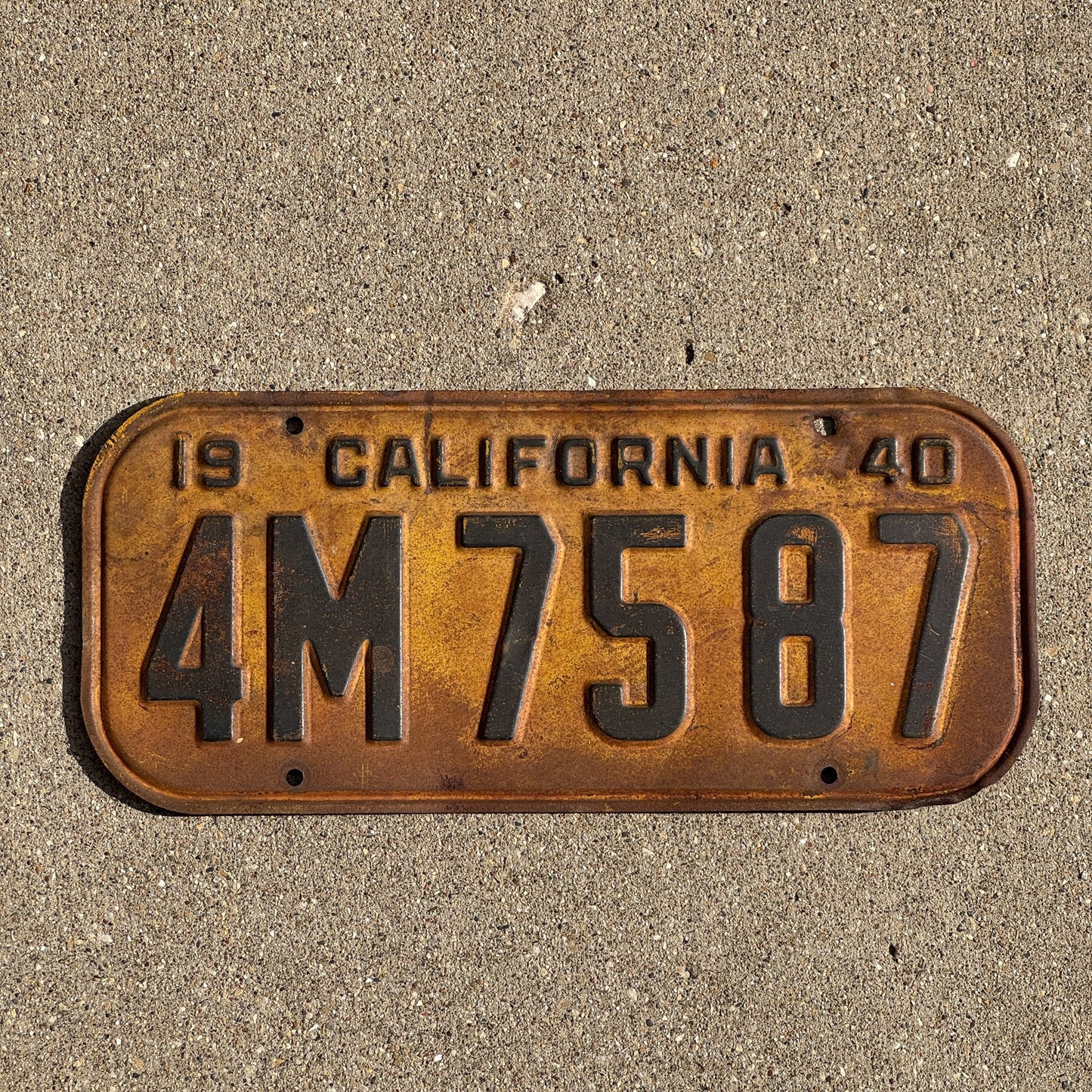 Photo of a 1940 California License Plate Auto Tag Garage Decor Vintage 4M 7587