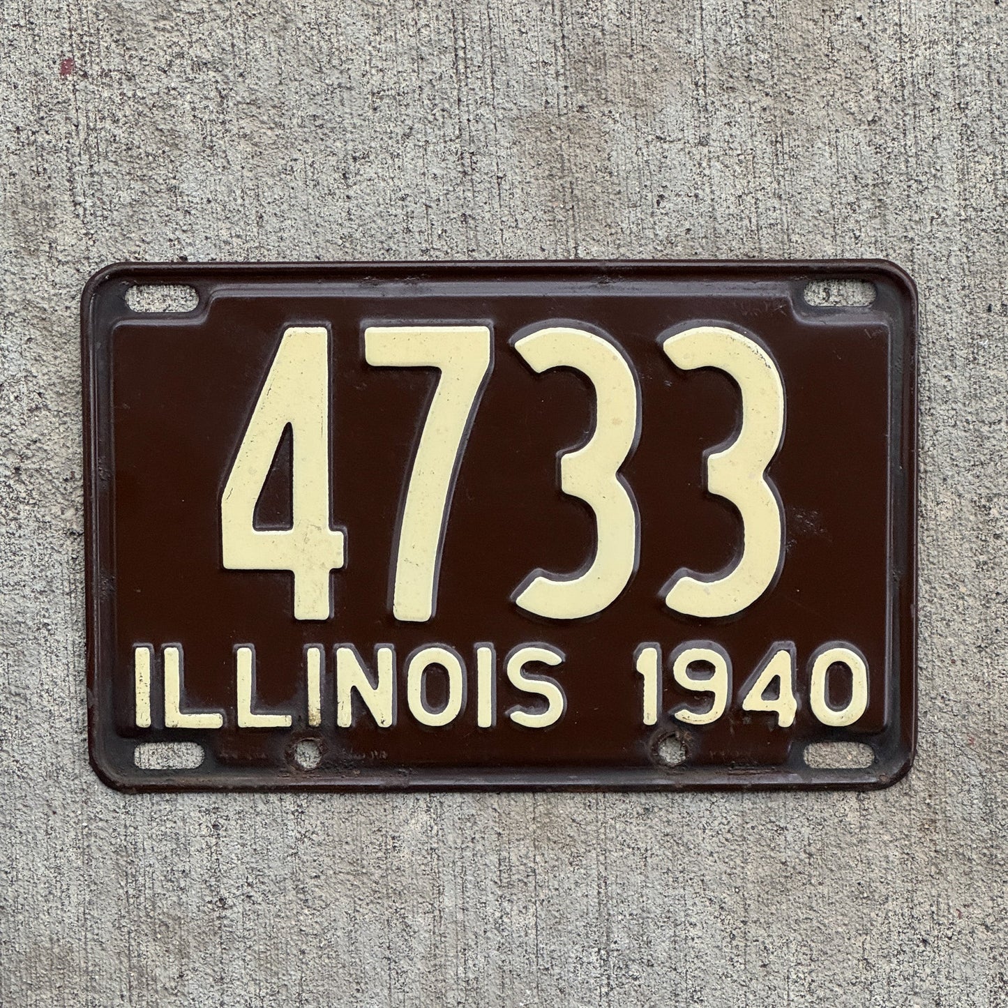 Photo of a 1940 Illinois License Plate Auto Tag Garage Decor Vintage Low Number Four Digit 4733 with original patina