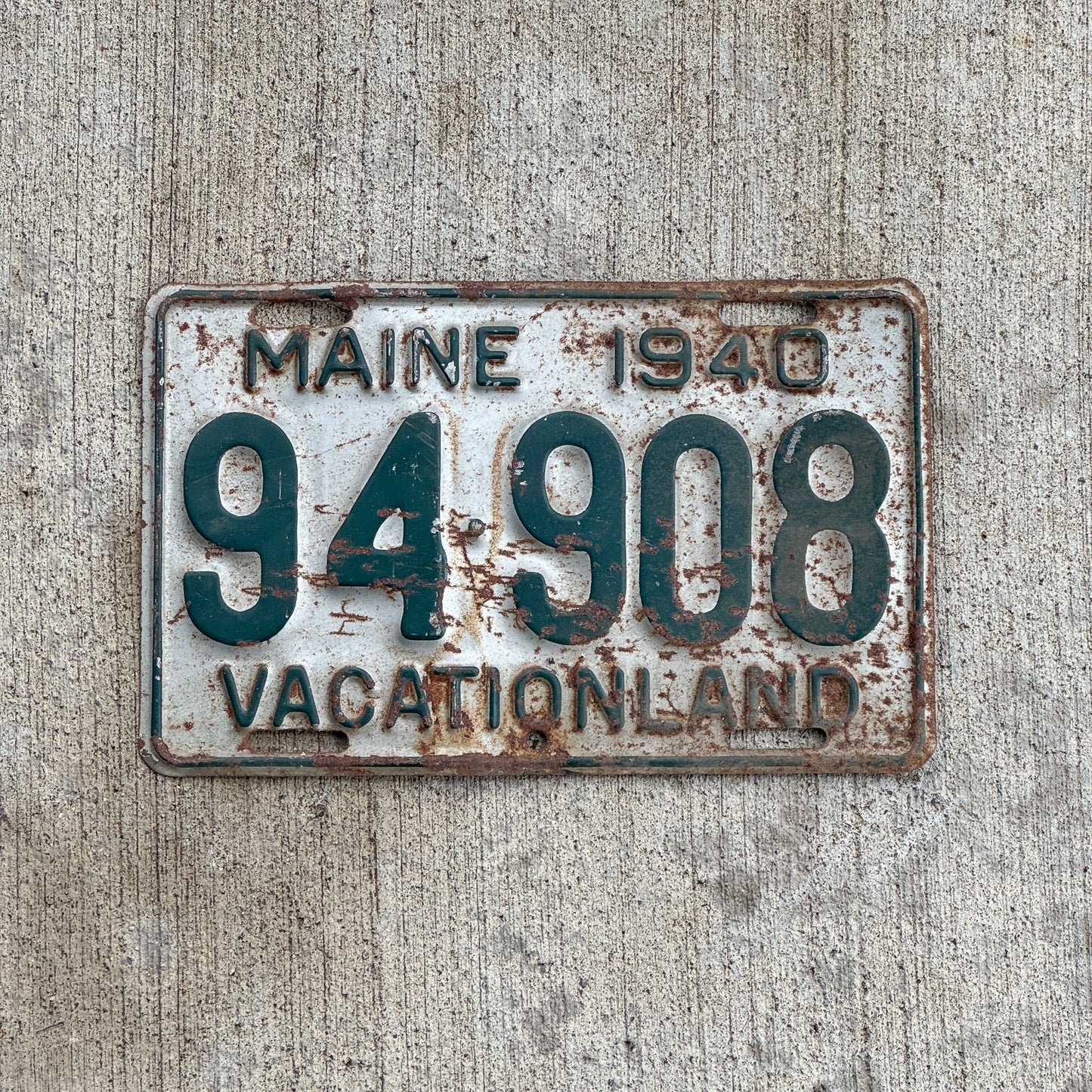 Photo of a 1940 Maine License Plate Auto Tag 2 Vintage Garage 94 908 with original patina
