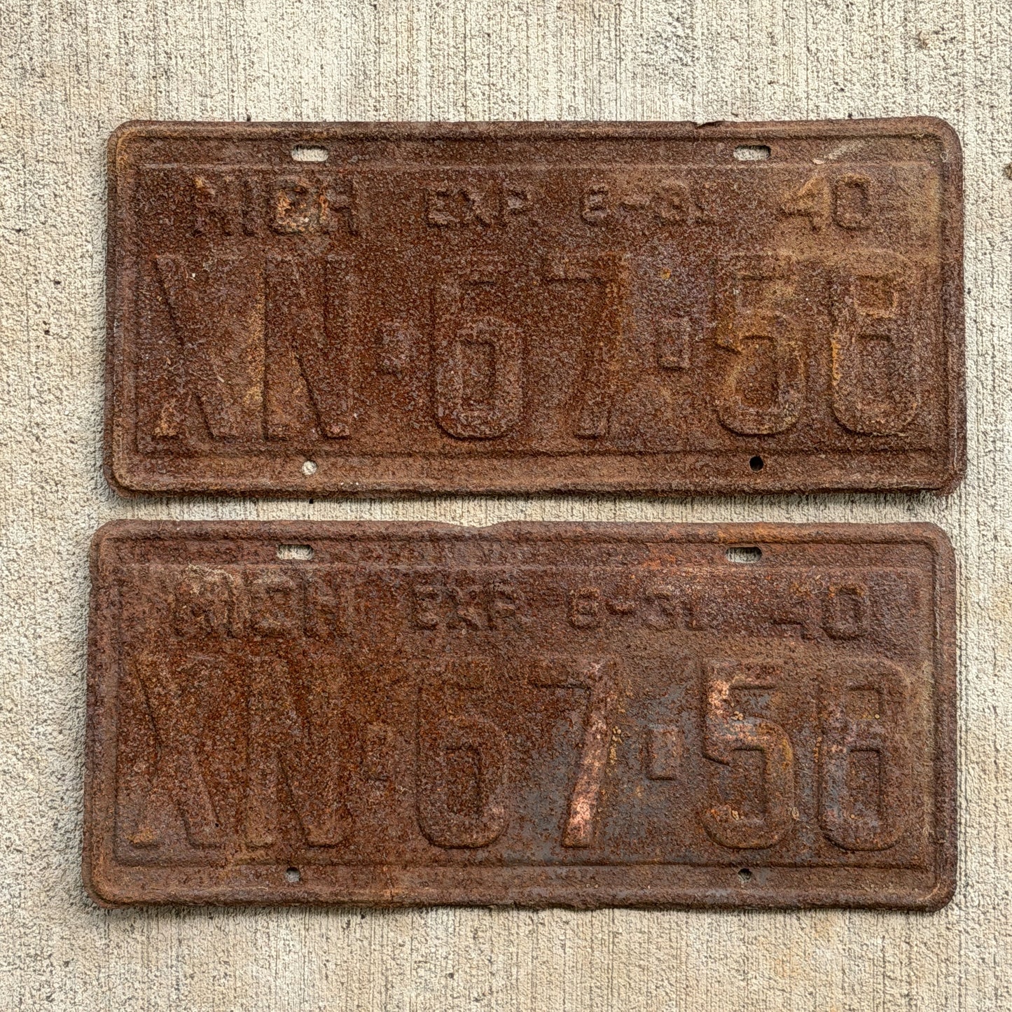 Photo of a 1940 Michigan License Plate Pair Auto Tag Garage Decor Vintage Half Year XN 67 58 with original patina