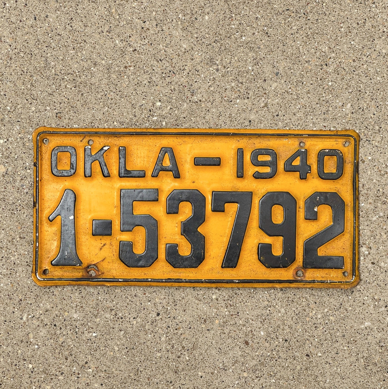 Photo of a 1940 Oklahoma License Plate Auto Tag Garage Decor Vintage 1 53792 with original patina