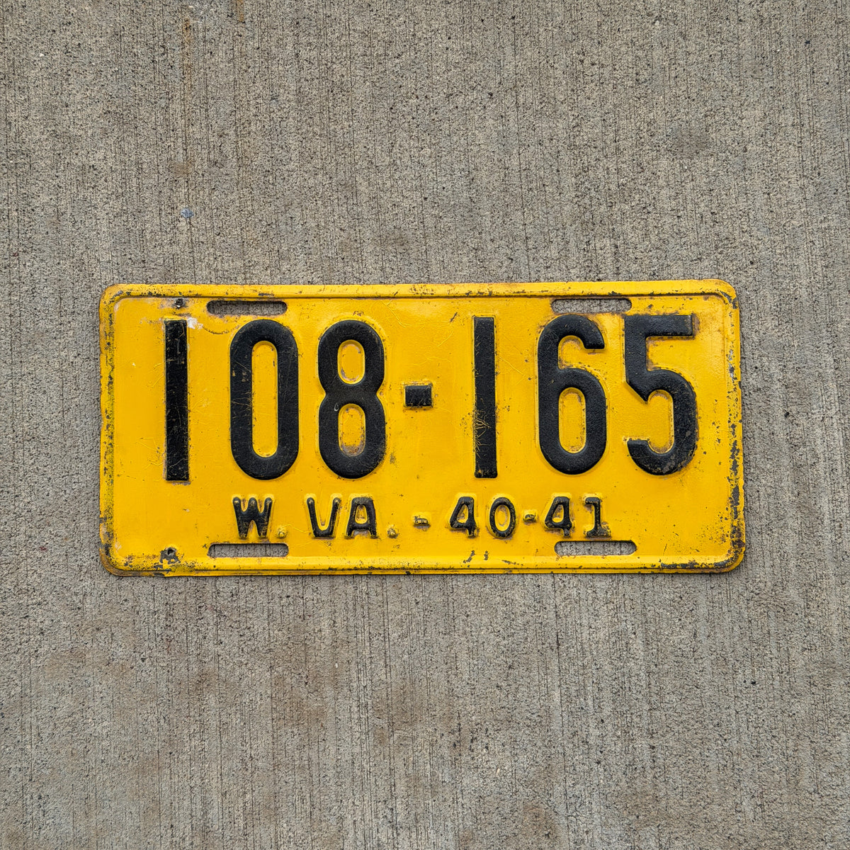 Photo of a 1940 West Virginia License Plate Auto Tag Garage Decor Vintage 108 165 with original patina