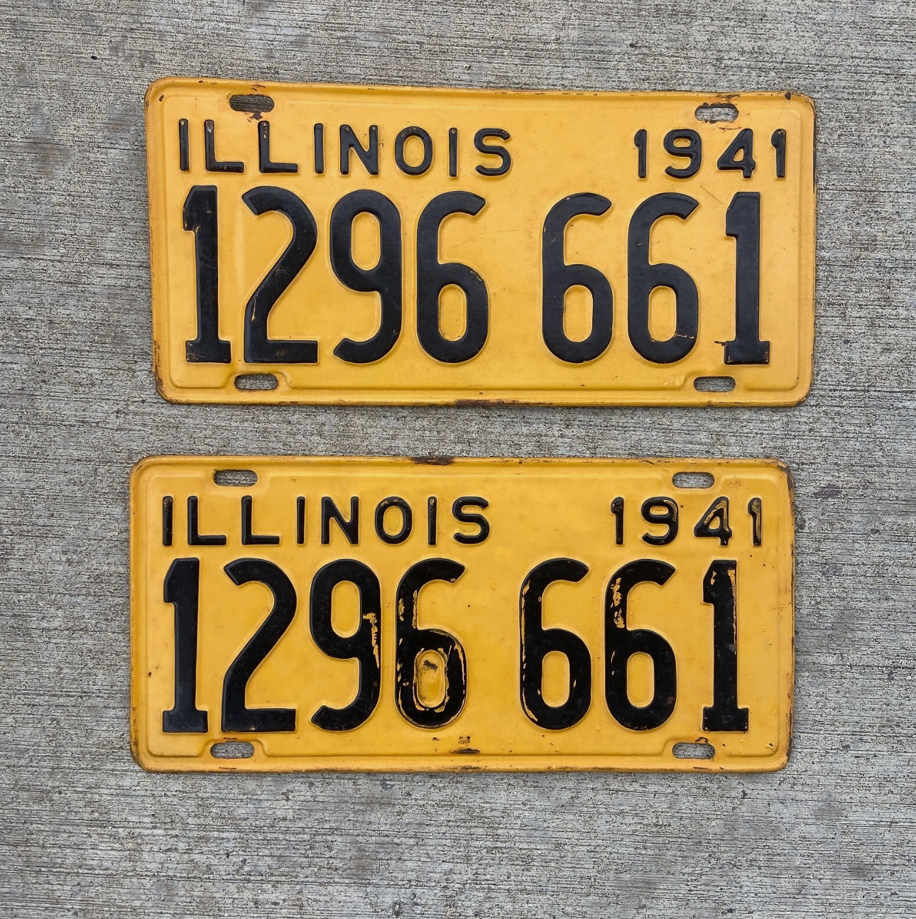 Photo of a 1941 Illinois License Plate Pair Auto Tag Garage Decor Vintage 666 Repeat Devil Evil 1296 661 with original patina