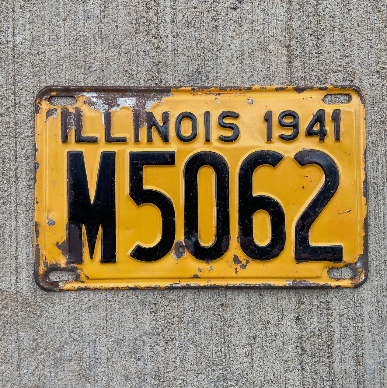 Photo of a 1941 Illinois Municipal License Plate Auto Tag Garage Decor Vintage M 5062 with original patina