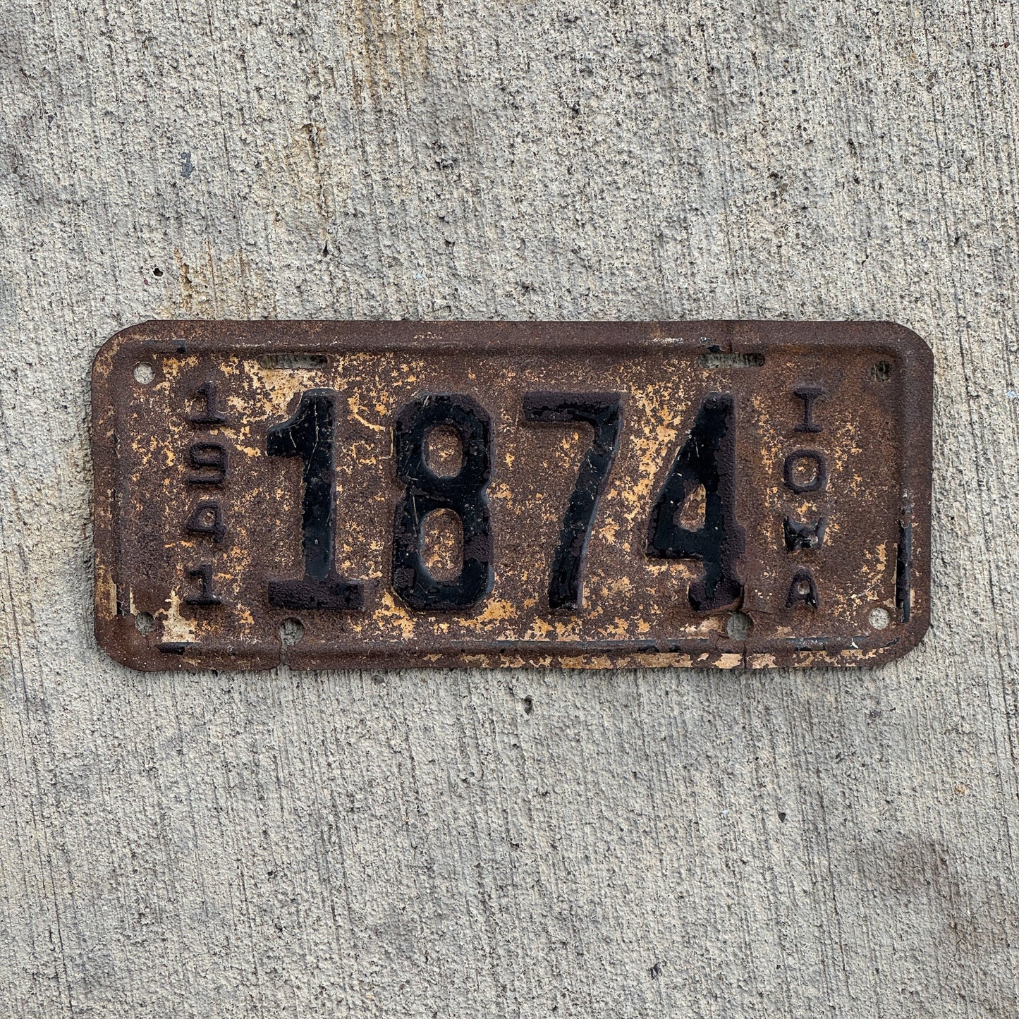 Photo of a 1941 Iowa Motorcycle License Plate Auto Tag Garage Decor Vintage ALPCA Archive Example 1874 with original patina