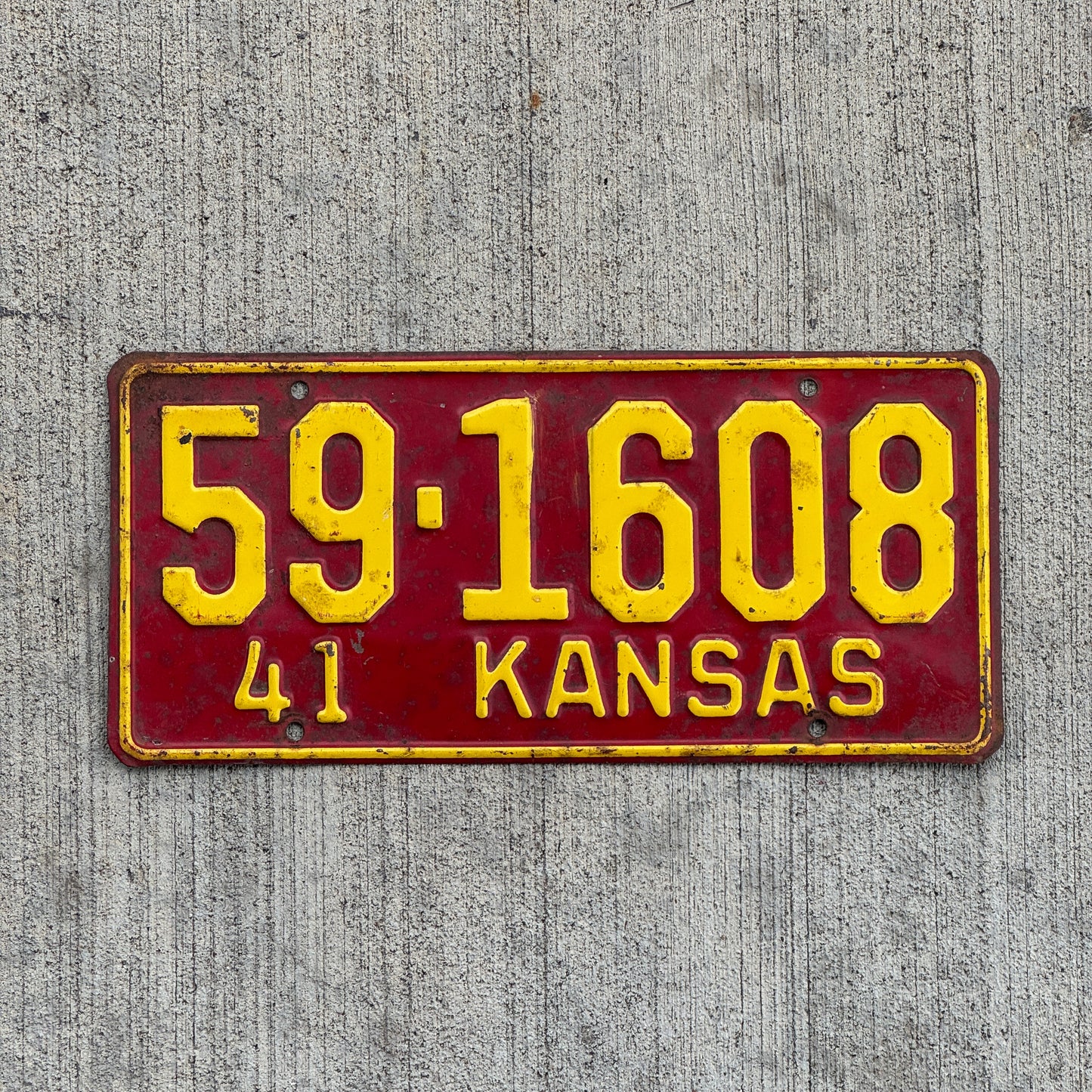 Photo of a 1941 Kansas License Plate Auto Tag Garage Decor Vintage 59 1608 with original patina