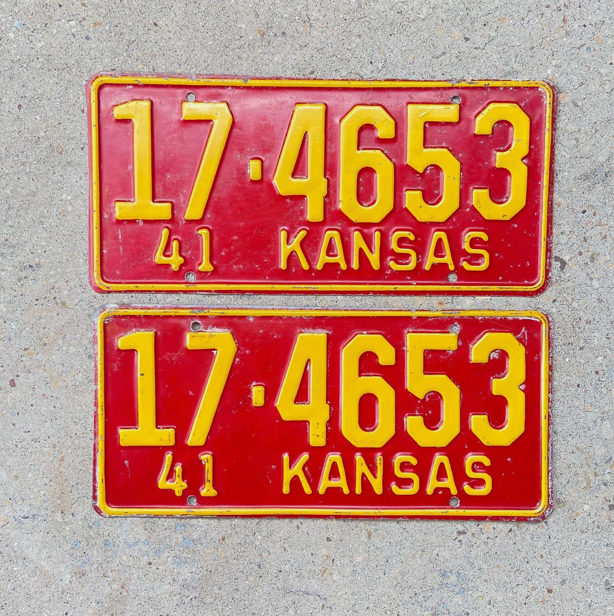Photo of a 1941 Kansas License Plate Pair Auto Tag Garage Decor Vintage 17 4653 with original patina