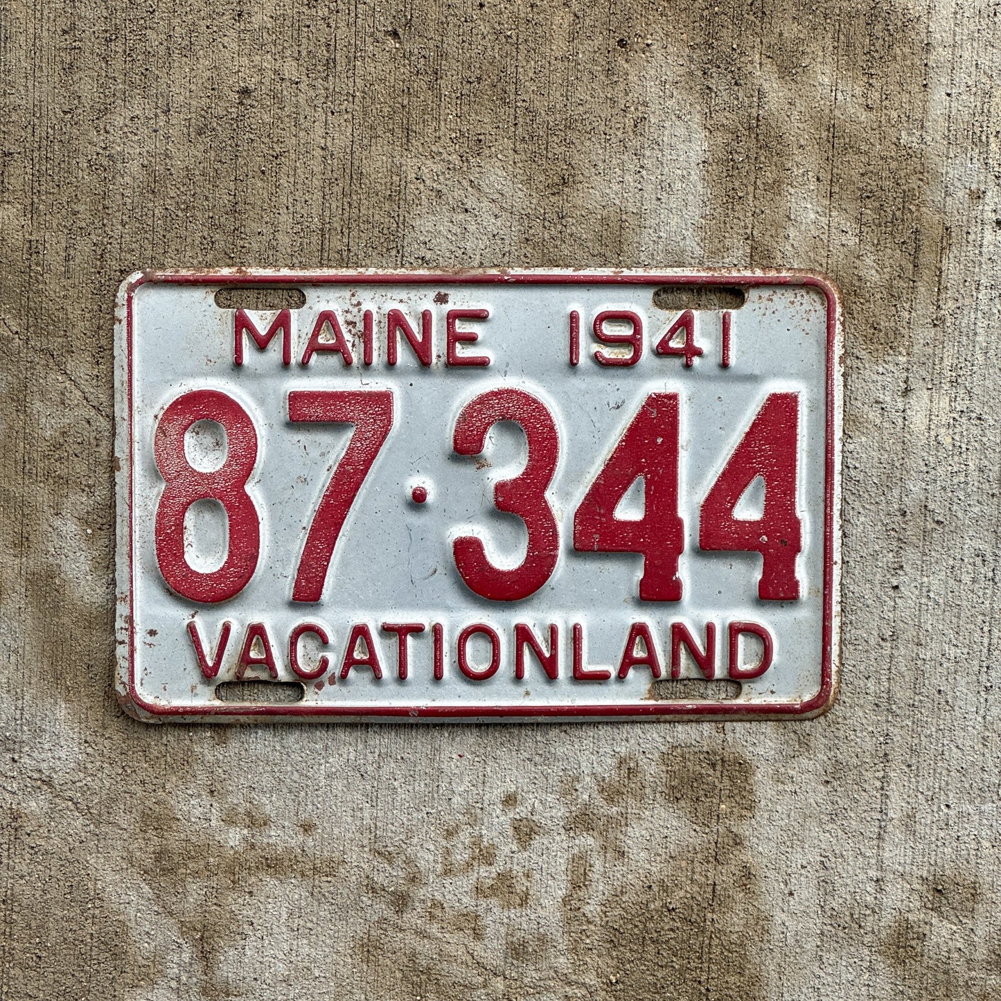 Photo of a 1941 Maine License Plate Auto Tag 1 Vintage Garage 87 344 with original patina