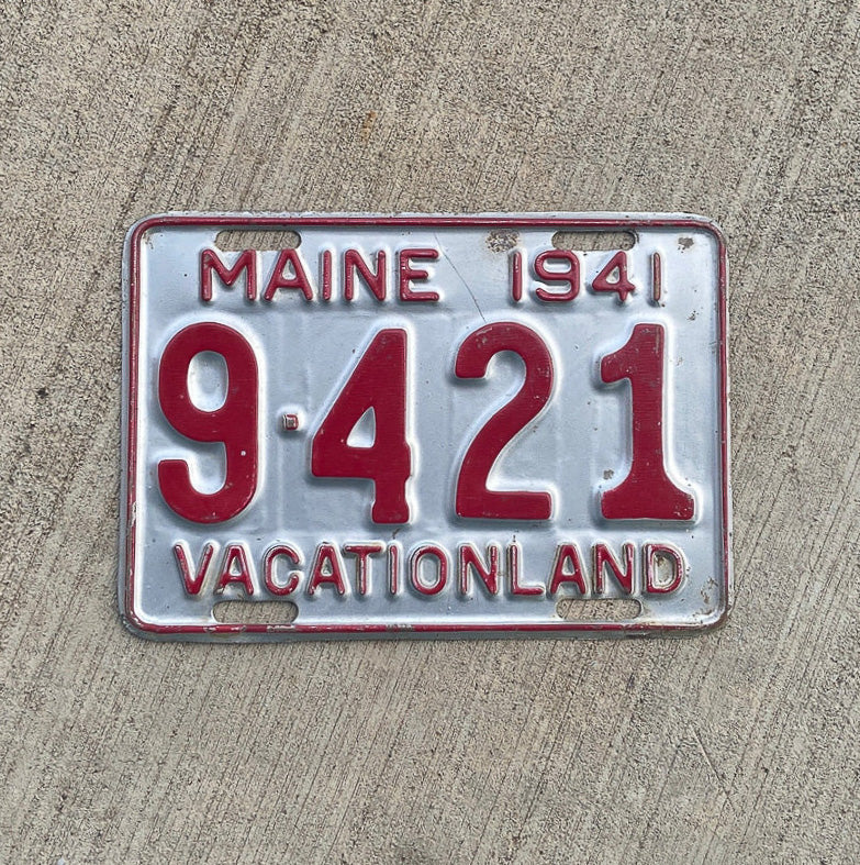 Photo of a 1941 Maine License Plate Auto Tag Garage Decor Vintage 9 421 with original patina
