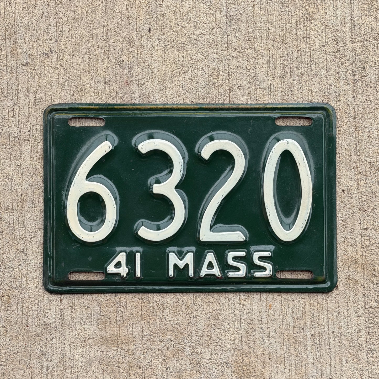 Photo of a 1941 Massachusetts License Plate Auto Tag Garage Decor Vintage Low Number Four Digit 6320 with original patina