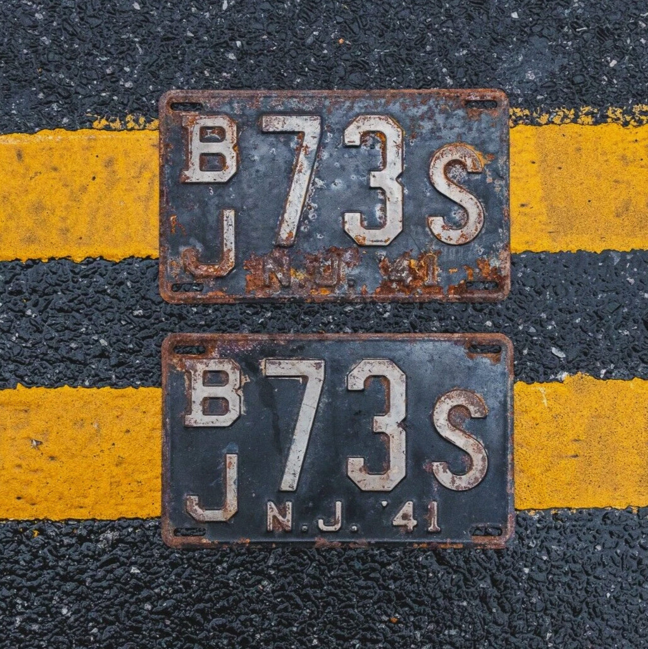 Photo of a 1941 New Jersey License Plate Pair Auto Tag Garage Decor Vintage BJ 73 S with original patina