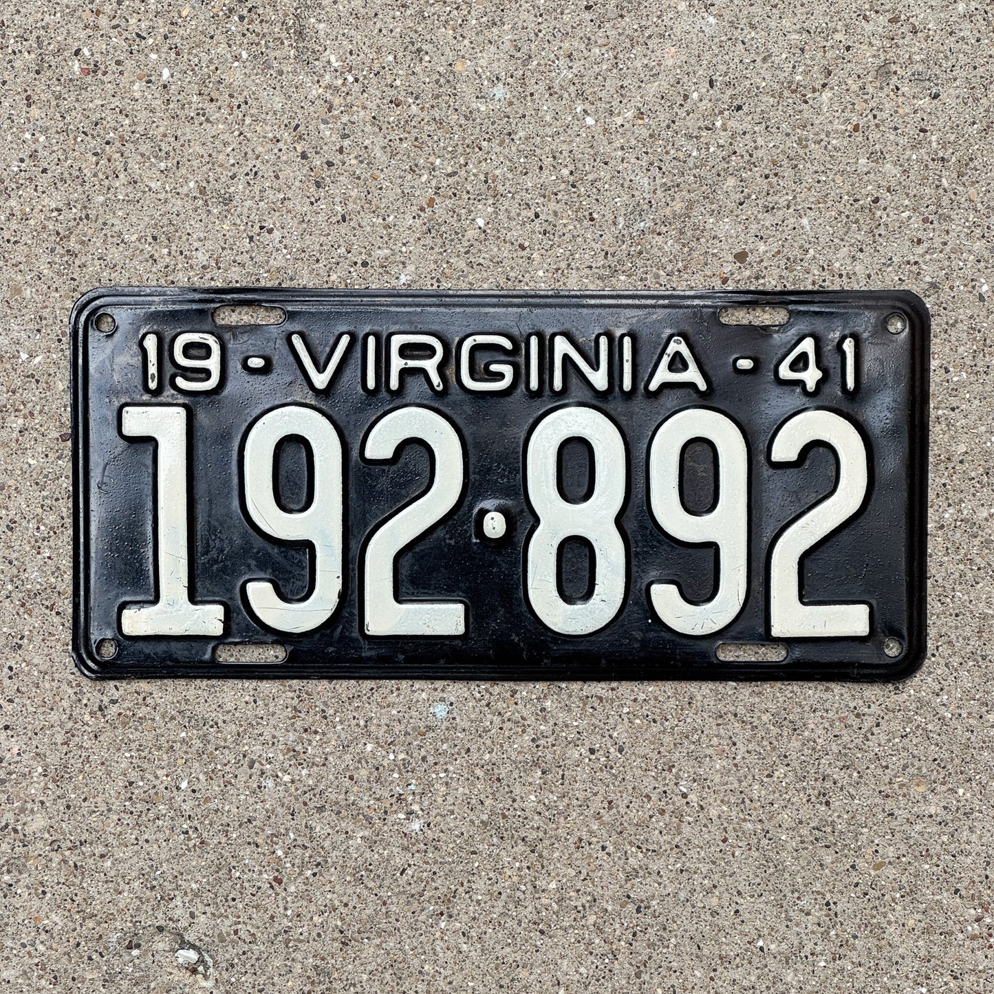 Photo of a 1941 Virginia License Plate Auto Tag Garage Decor Vintage High Quality 192 892 with original patina