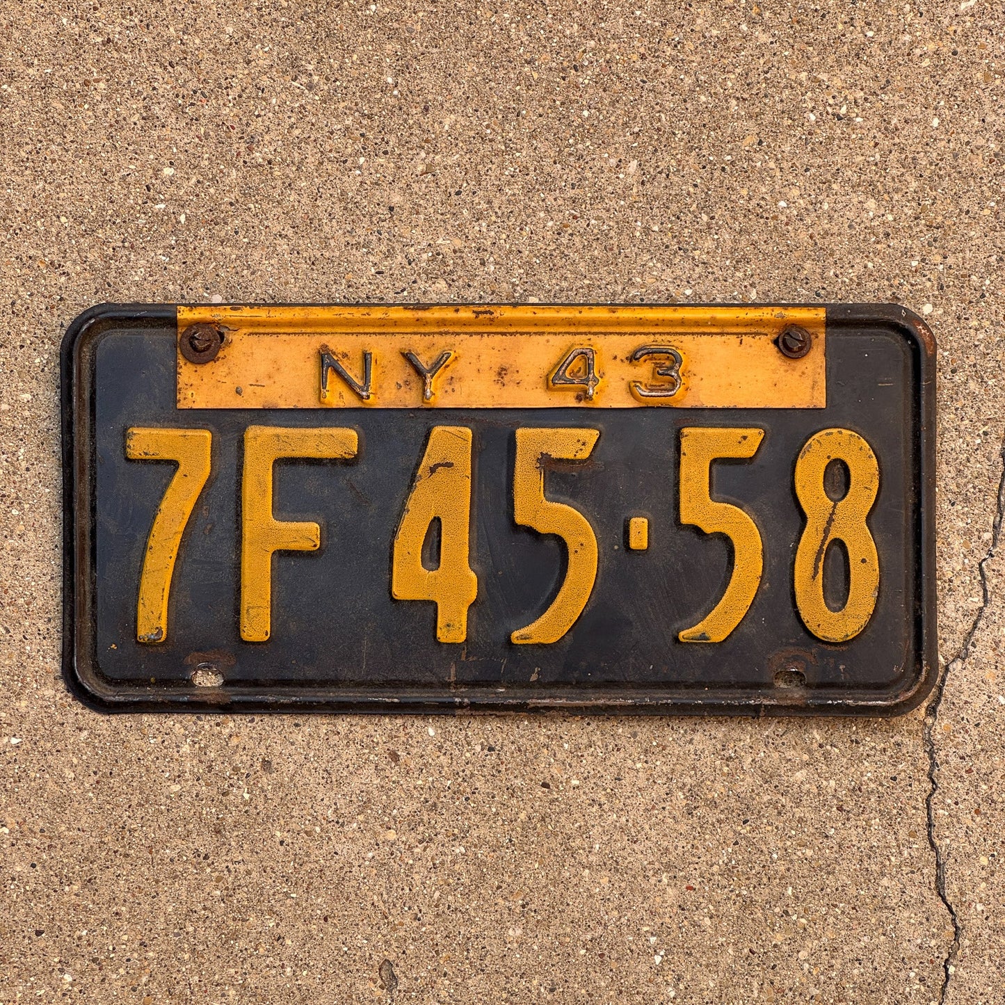 Photo of a 1942 1943 New York License Plate Auto Tag Garage Decor Vintage 7F 4558