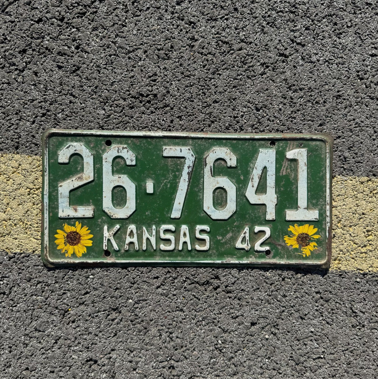 Photo of a 1942 Kansas License Plate Auto Tag Garage Decor Vintage Sunflower 26 7641