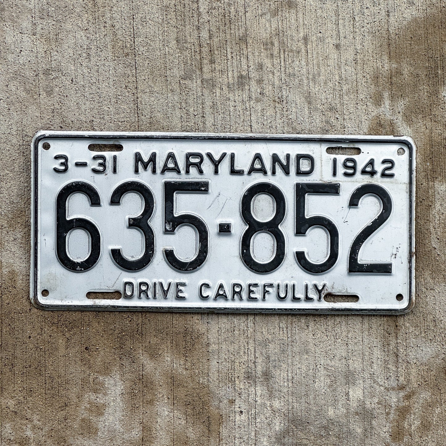 Photo of a 1942 Maryland License Plate Auto Tag Garage Decor Vintage High Quality 635 852 with original patina