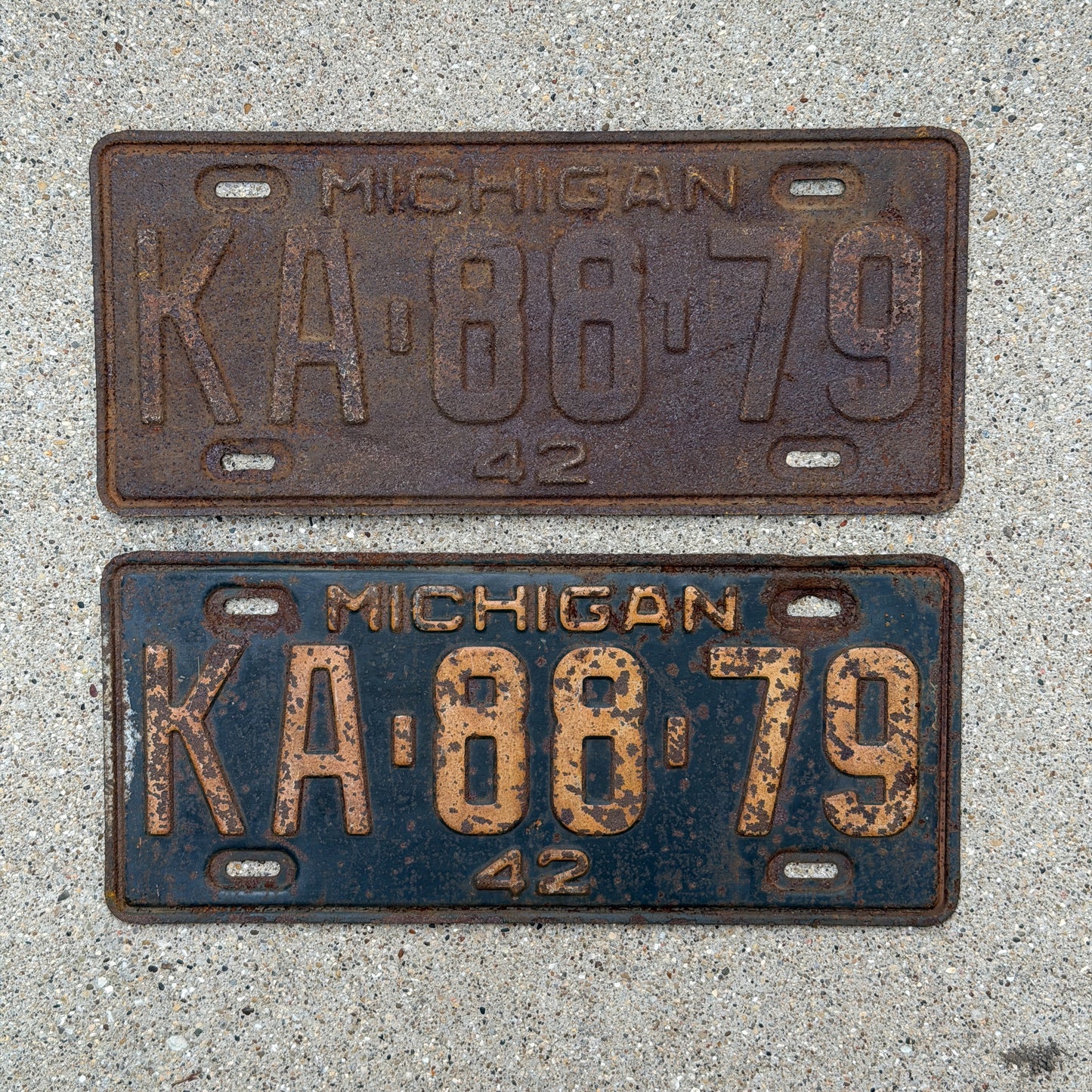Photo of a 1942 Michigan License Plate Pair Auto Tag Garage Decor Vintage KA 88 79 with original patina