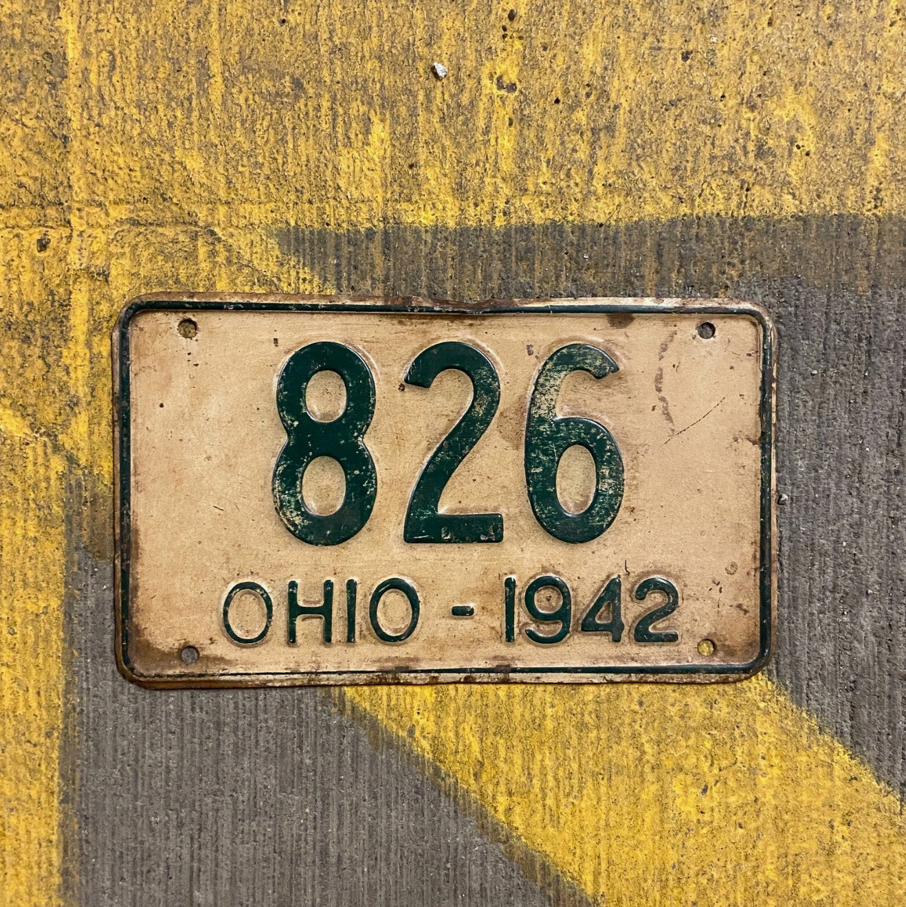 Photo of a 1942 Ohio License Plate Auto Tag Garage Decor Vintage Low Number Three Digit 826 with original patina