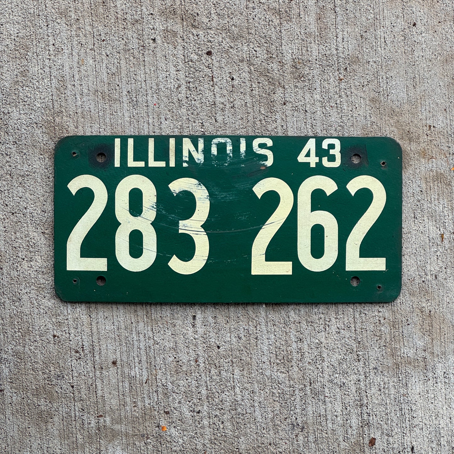 Photo of a 1943 Illinois Fiberboard License Plate Auto Tag Garage Decor Vintage 283 262 with original patina