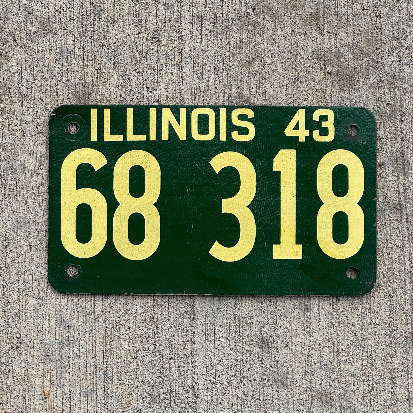 Photo of a 1943 Illinois Fiberboard License Plate Auto Tag Garage Decor Vintage High Quality 68 318 with original patina