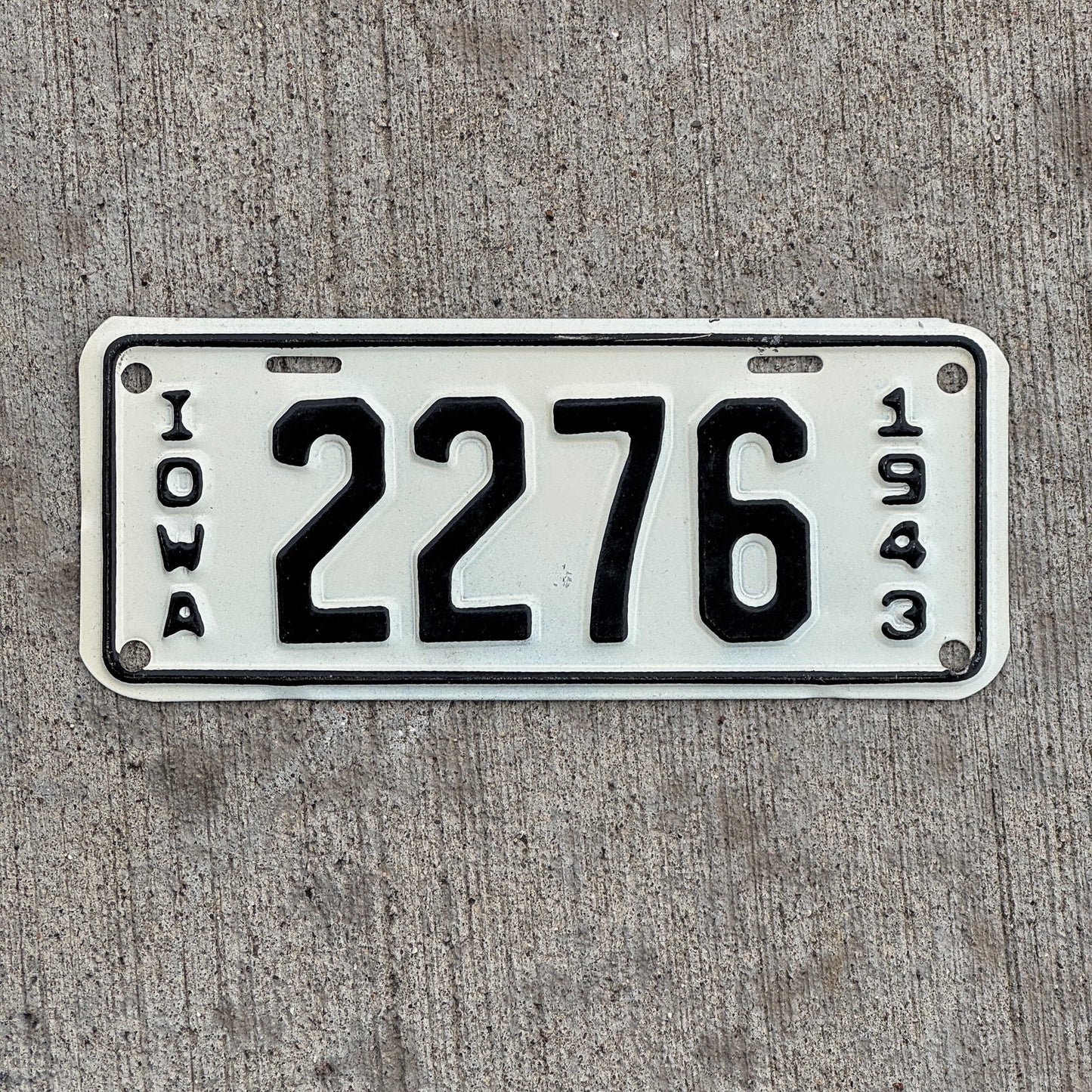 Photo of a 1943 Iowa Motorcycle License Plate Auto Tag Garage Decor Vintage ALPCA Archive Example 2276 with original patina