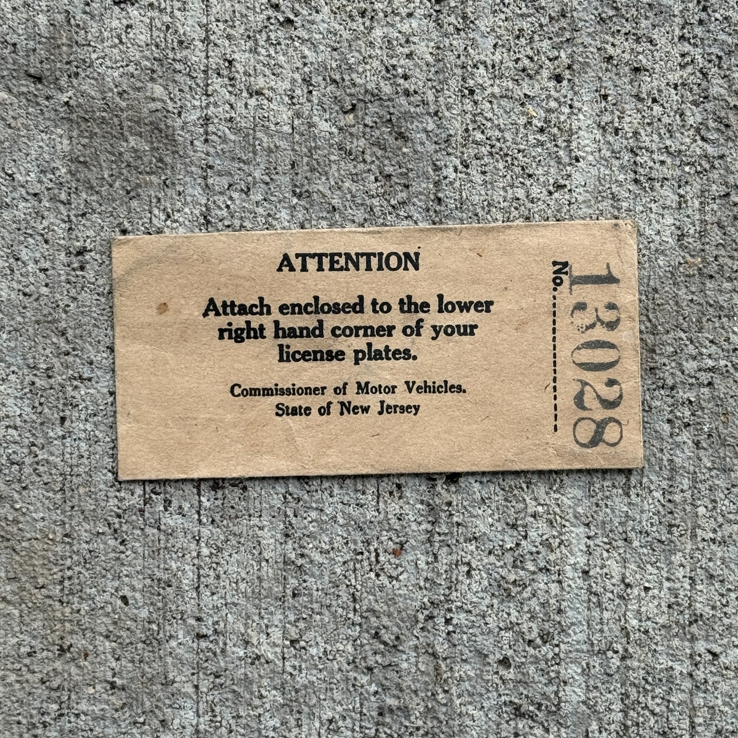Photo of a 1943 New Jersey Tab Auto Tag Garage Decor Vintage Envelope Only 13028 with original patina