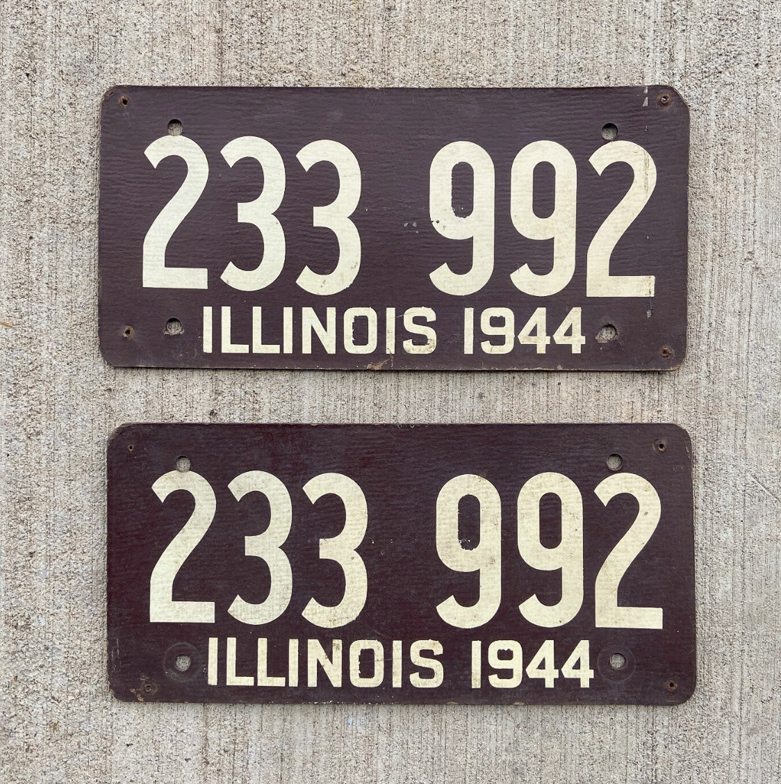 Photo of a 1944 Illinois Fiberboard License Plate Pair Auto Tag Garage Decor Vintage WWII War Year 233 992 with original patina